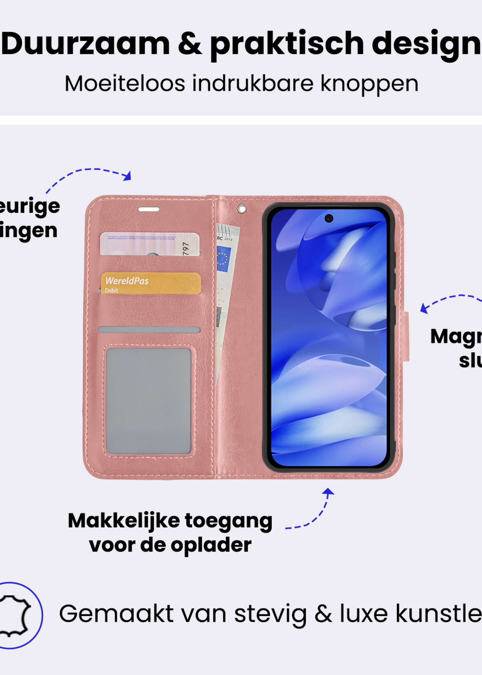 BTH BTH Google Pixel 9a Hoesje Bookcase Met Screenprotector - Rose Goud