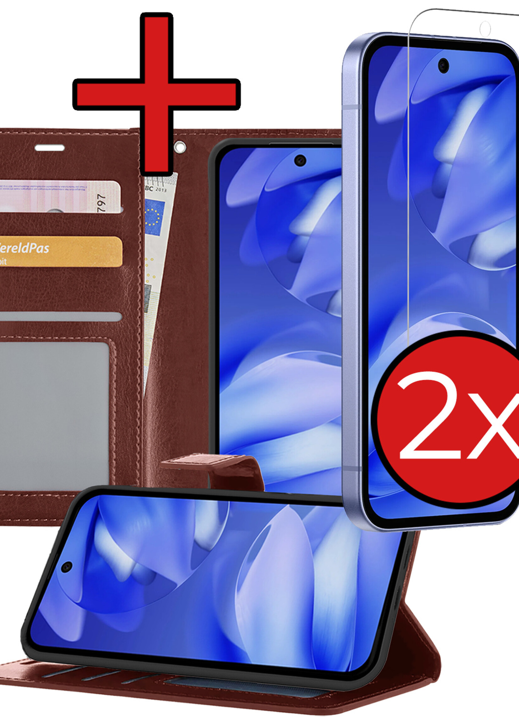 BTH BTH Google Pixel 9a Hoesje Bookcase Met 2x Screenprotector - Bruin