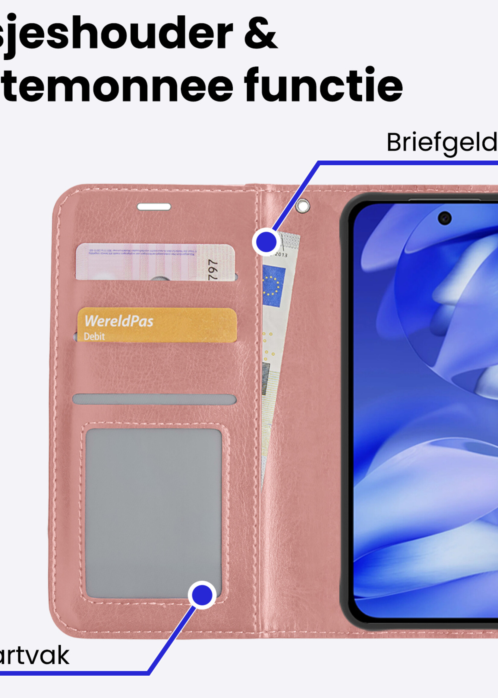 BTH BTH Google Pixel 9a Hoesje Bookcase Met 2x Screenprotector - Rose Goud