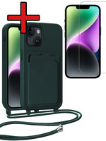 BTH BTH iPhone 13 Hoesje Pashouder met Koord Met Screenprotector - Donkergroen