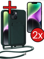 BTH BTH iPhone 13 Hoesje Pashouder met Koord Met 2x Screenprotector - Donkergroen