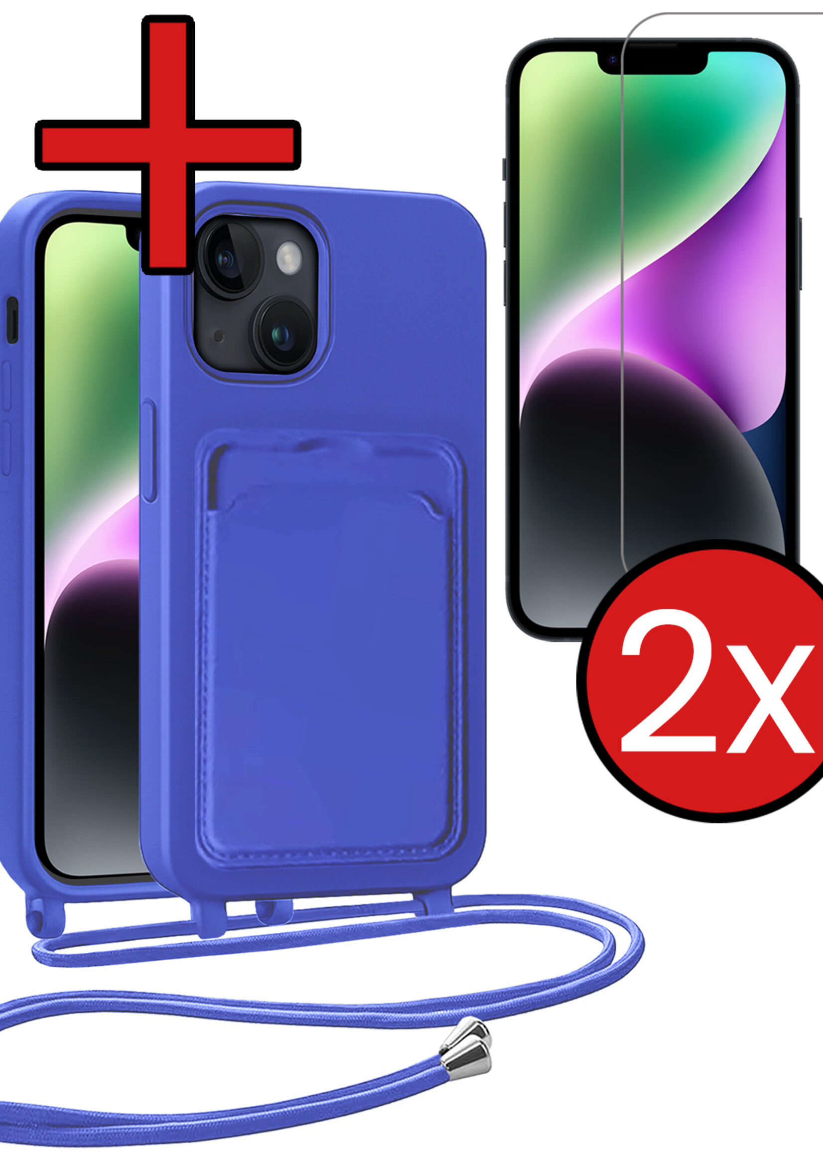 BTH BTH iPhone 13 Hoesje Pashouder met Koord Met 2x Screenprotector - Fel Blauw