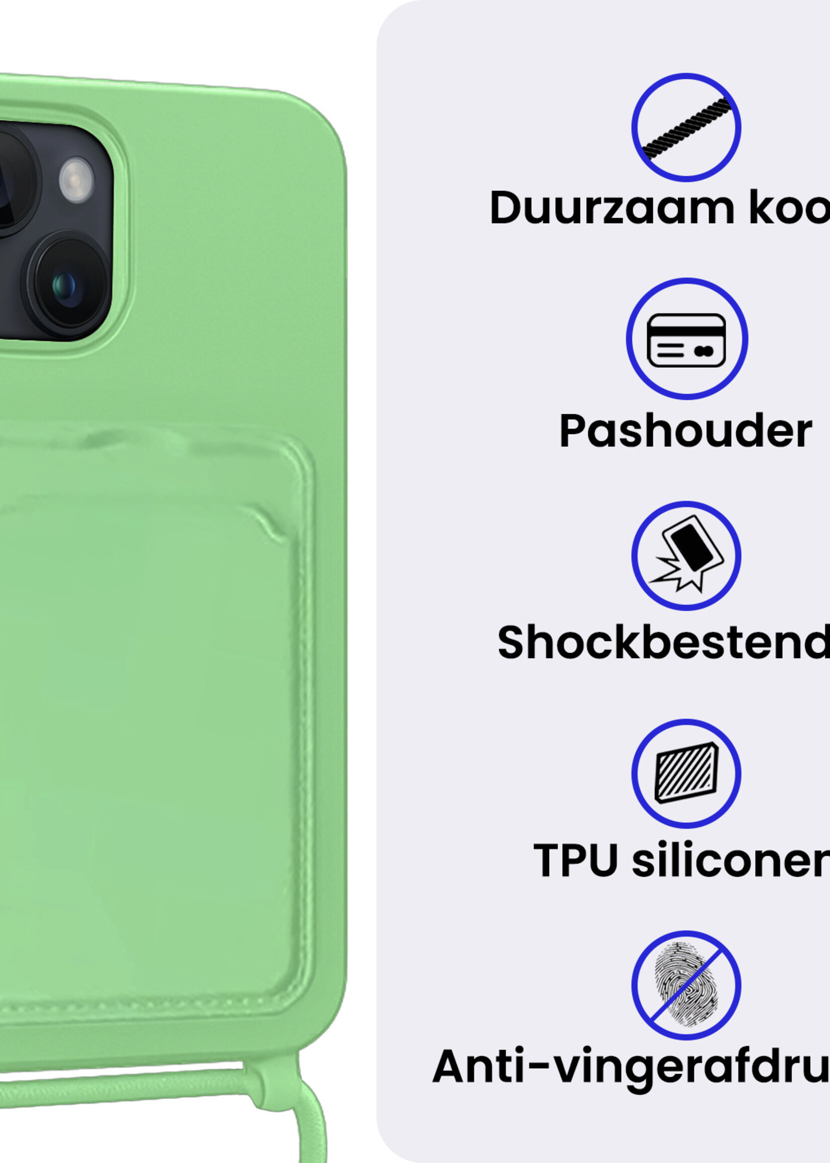 BTH BTH iPhone 13 Hoesje Pashouder met Koord Met 2x Screenprotector - Groen