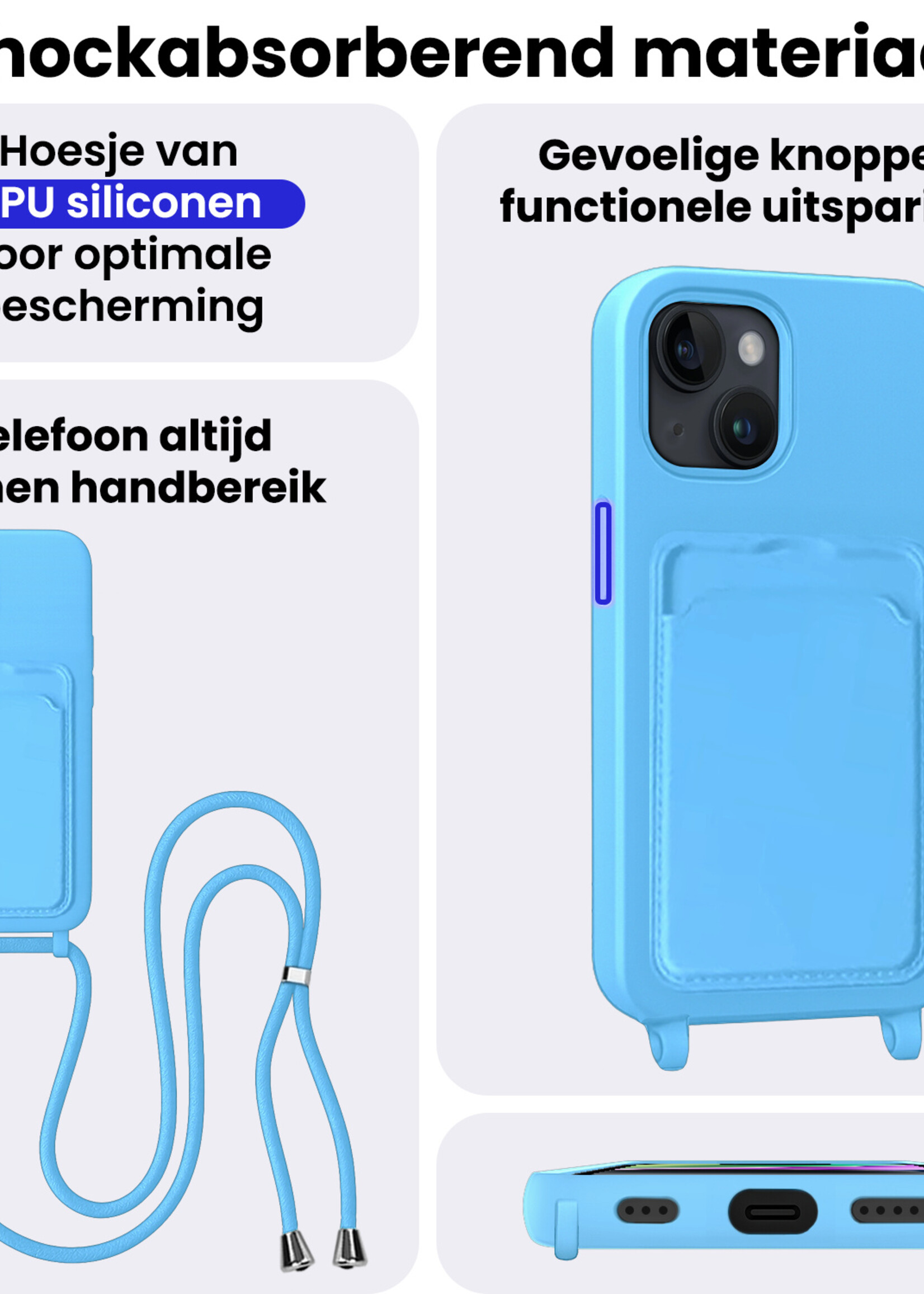BTH BTH iPhone 13 Hoesje Pashouder met Koord - Lichtblauw - 2 PACK