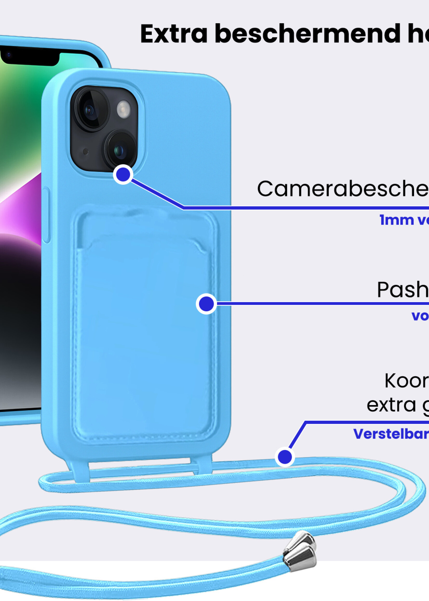 BTH BTH iPhone 13 Hoesje Pashouder met Koord Met Screenprotector - Lichtblauw