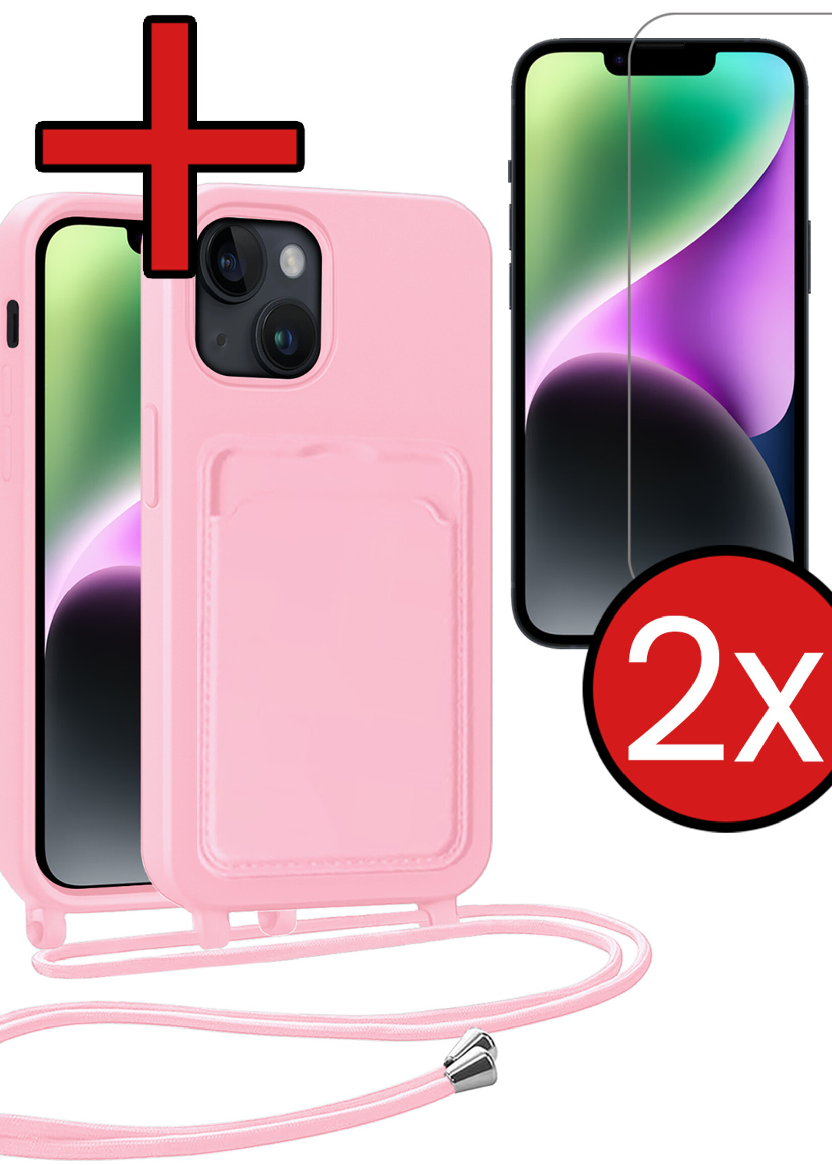 BTH BTH iPhone 13 Hoesje Pashouder met Koord Met 2x Screenprotector - Lichtroze
