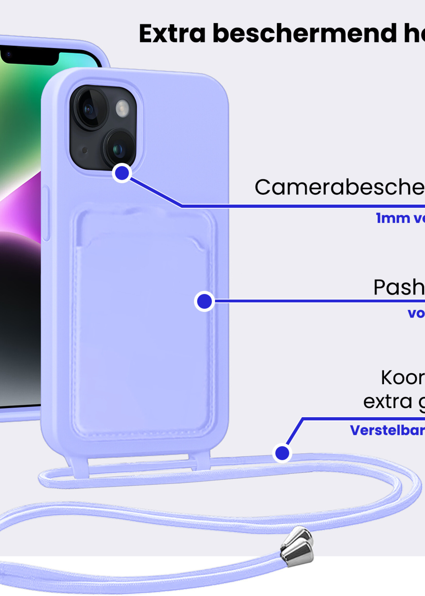 BTH BTH iPhone 13 Hoesje Pashouder met Koord - Lila