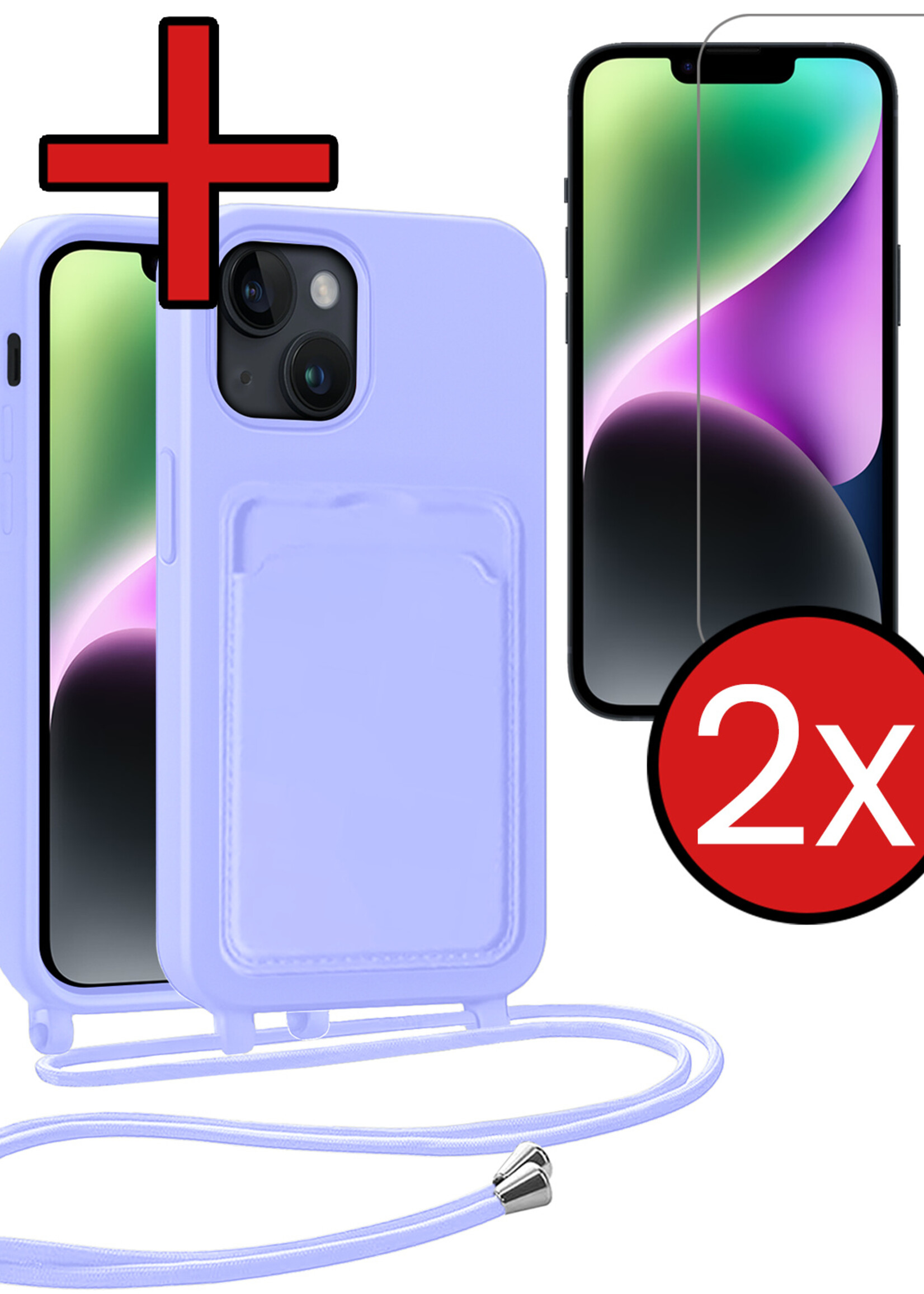 BTH BTH iPhone 13 Hoesje Pashouder met Koord Met 2x Screenprotector - Lila