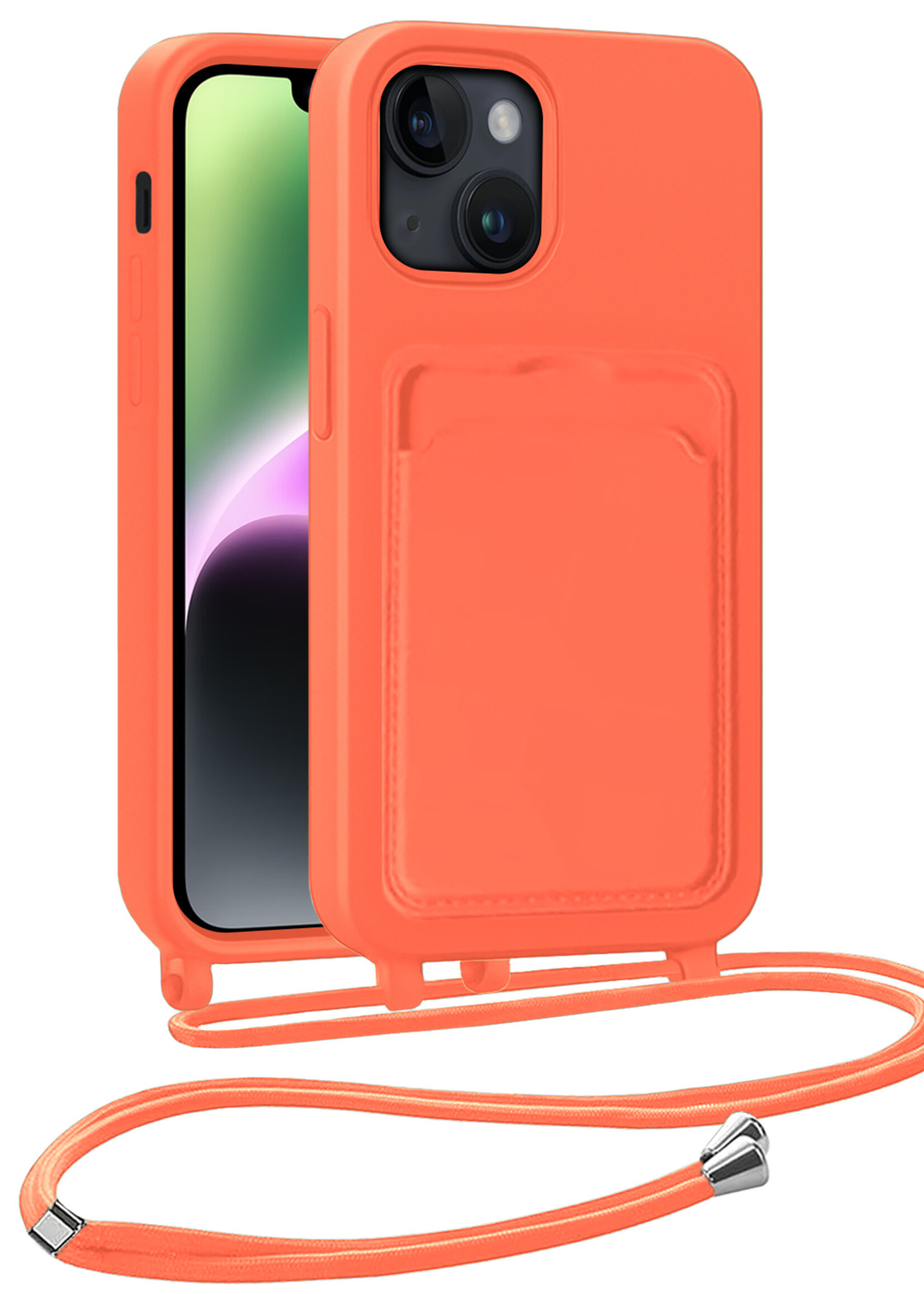 BTH BTH iPhone 13 Hoesje Pashouder met Koord - Papaya