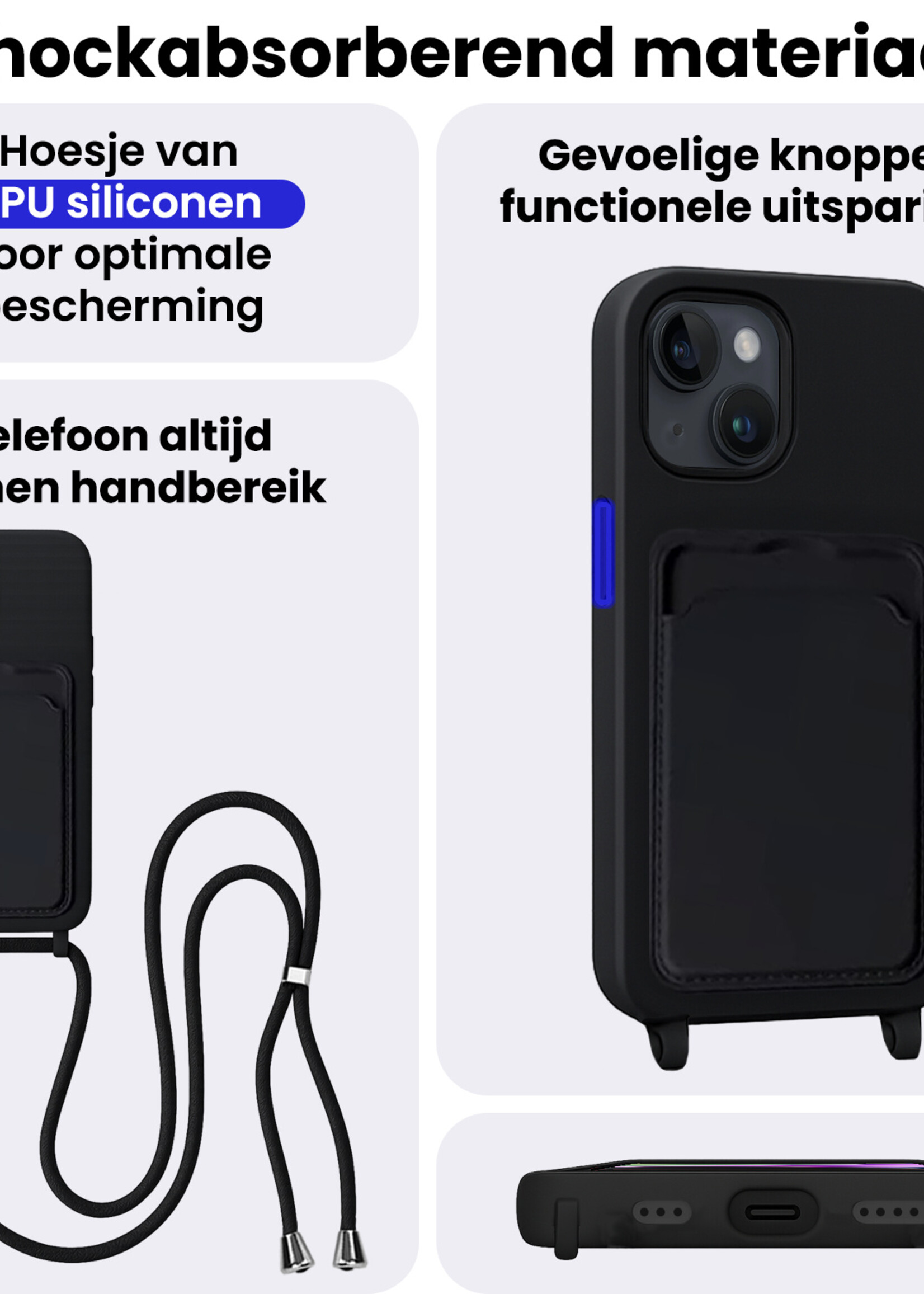BTH BTH iPhone 13 Hoesje Pashouder met Koord - Zwart