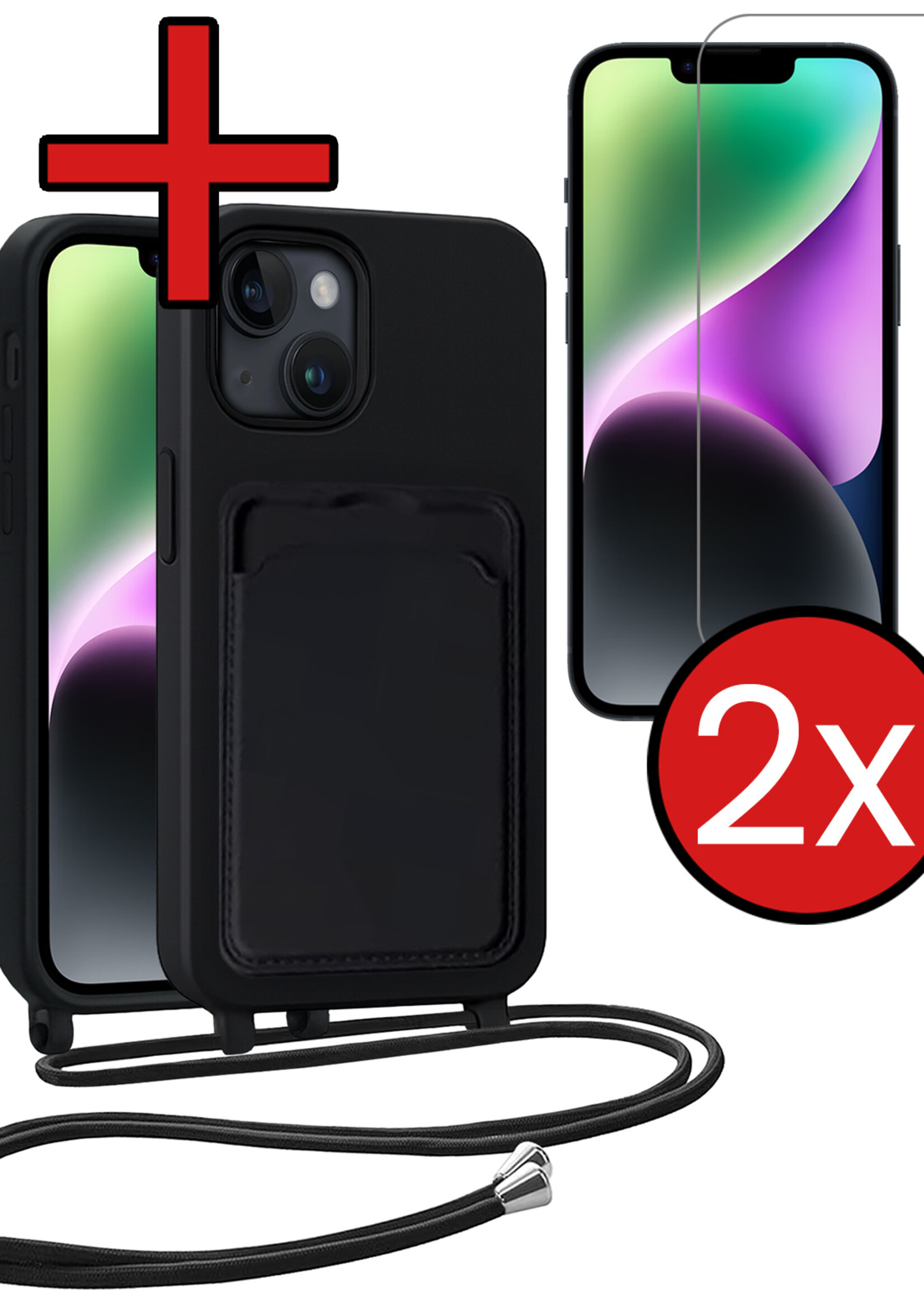 BTH BTH iPhone 13 Hoesje Pashouder met Koord Met 2x Screenprotector - Zwart