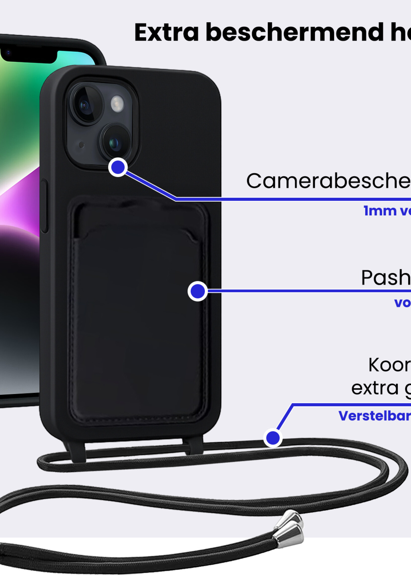 BTH BTH iPhone 13 Hoesje Pashouder met Koord Met 2x Screenprotector - Zwart