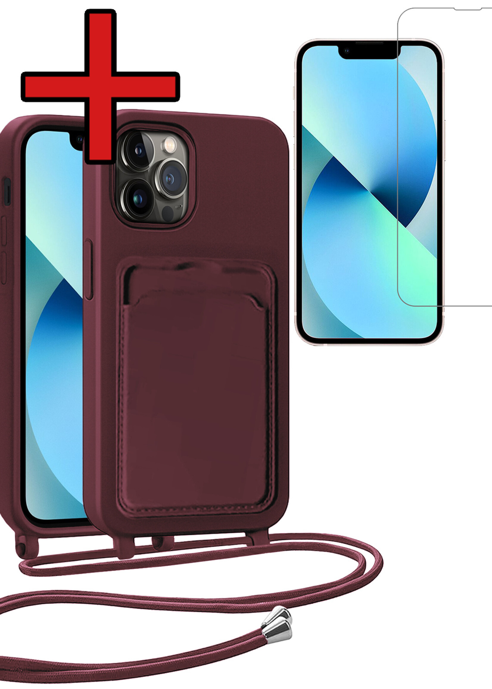 BTH BTH iPhone 13 Pro Hoesje Pashouder met Koord Met Screenprotector - Aubergine