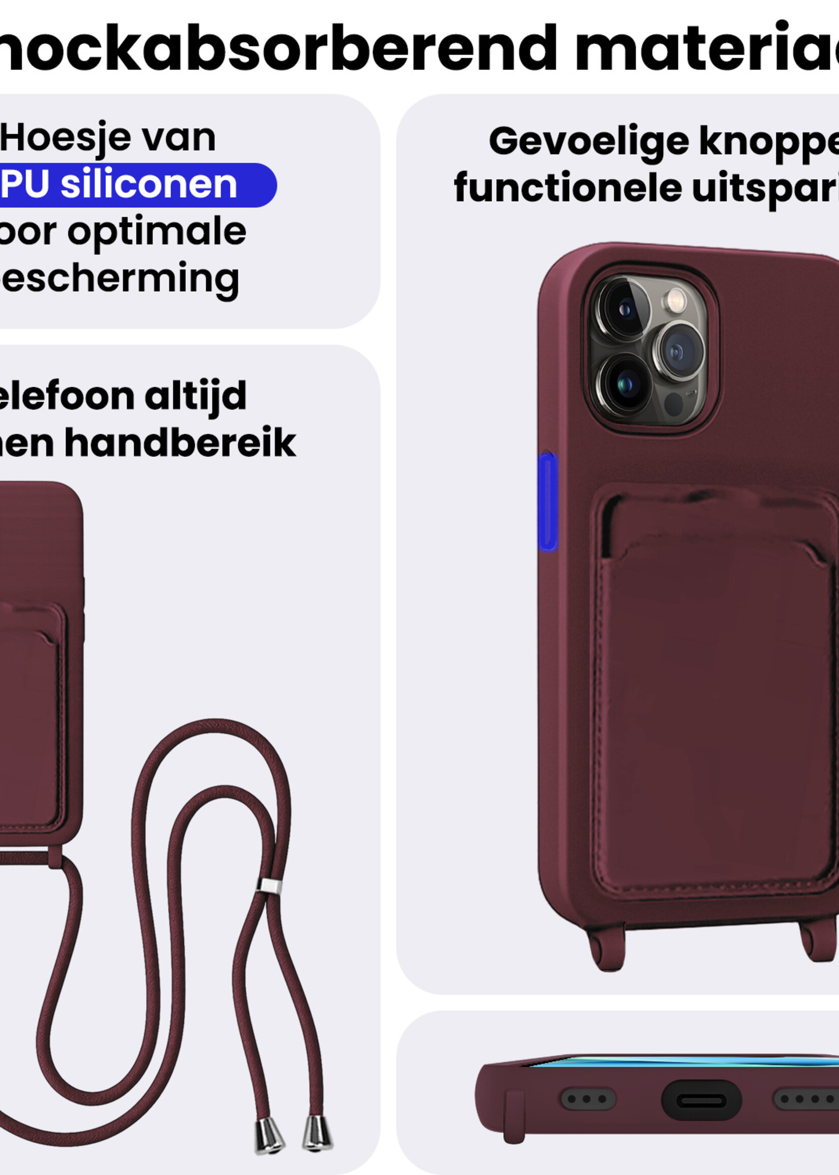 BTH BTH iPhone 13 Pro Hoesje Pashouder met Koord Met Screenprotector - Aubergine