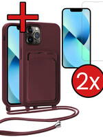 BTH BTH iPhone 13 Pro Hoesje Pashouder met Koord Met 2x Screenprotector - Aubergine