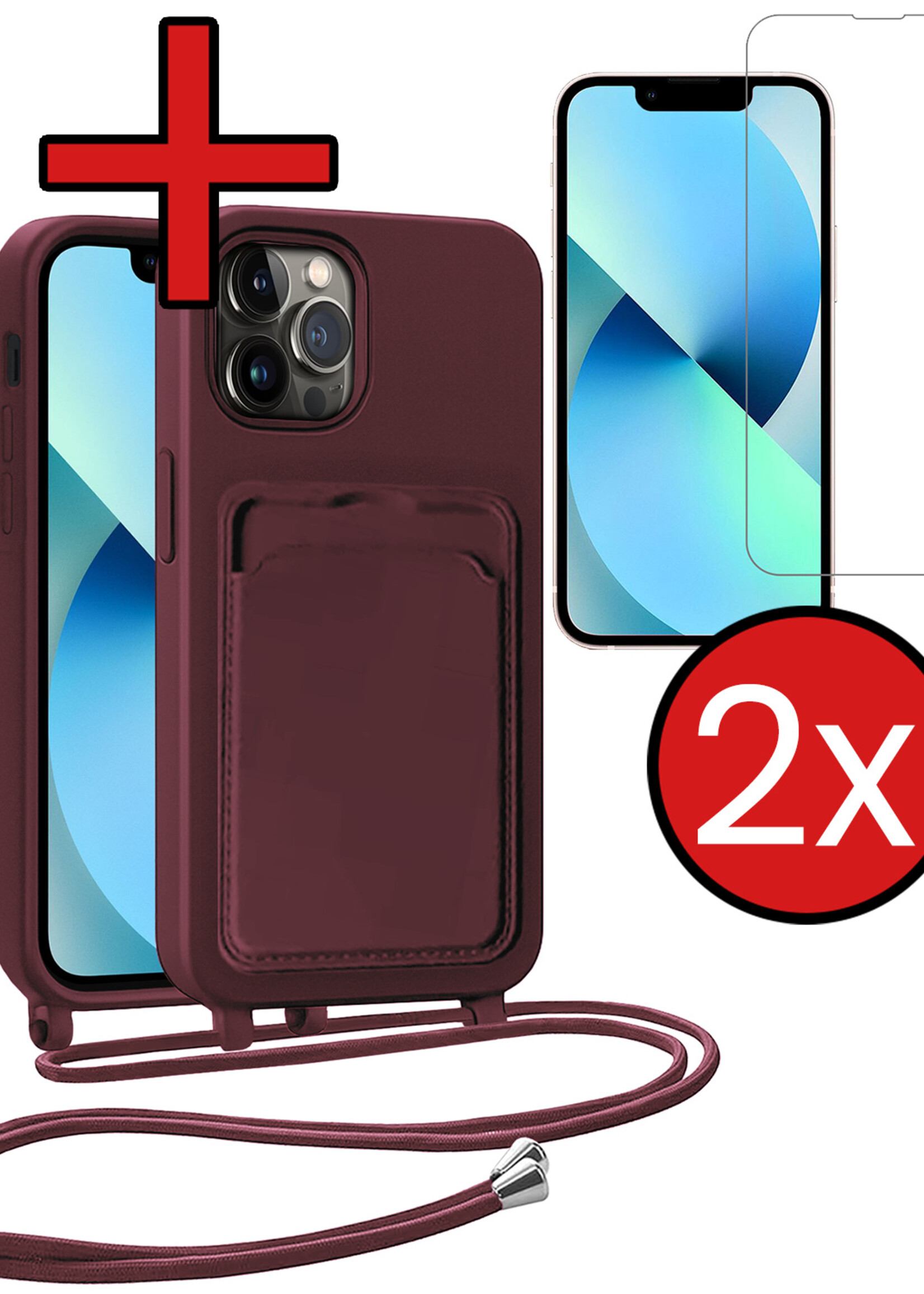 BTH BTH iPhone 13 Pro Hoesje Pashouder met Koord Met 2x Screenprotector - Aubergine