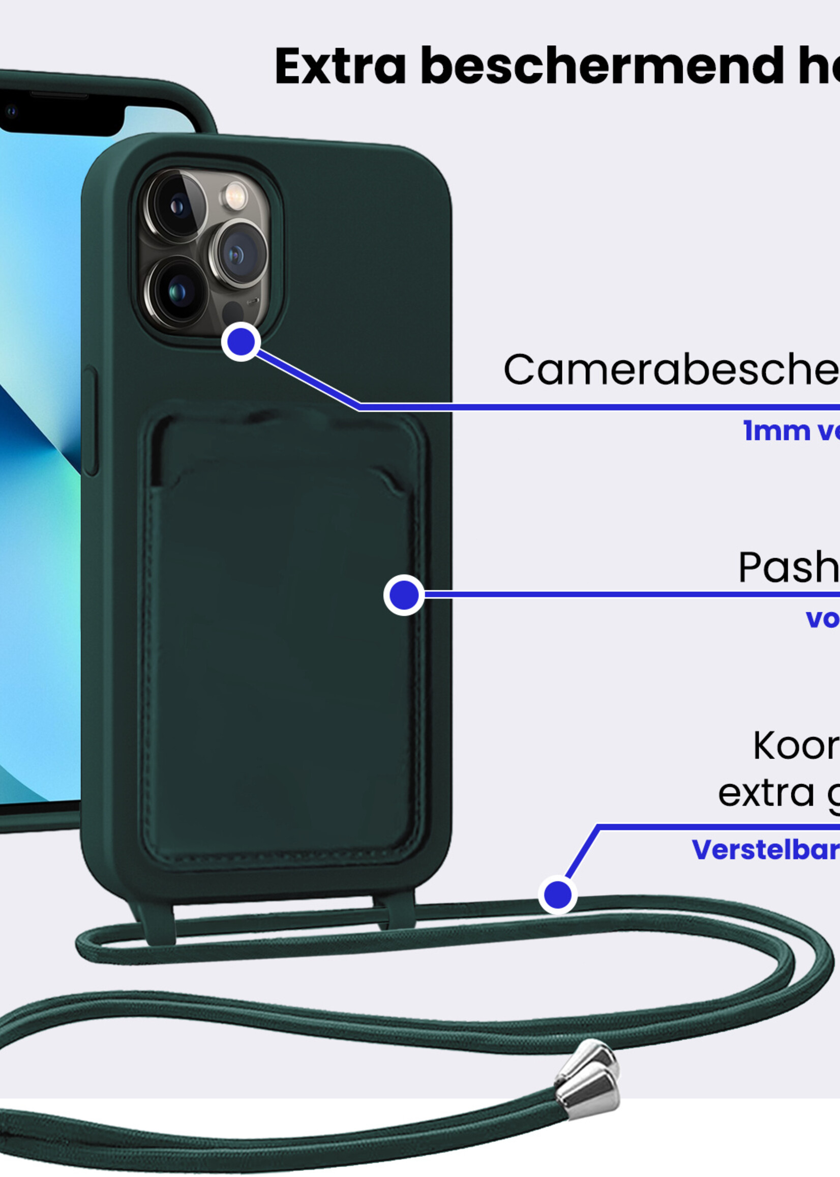 BTH BTH iPhone 13 Pro Hoesje Pashouder met Koord - Donkergroen - 2 PACK