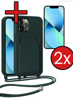 BTH BTH iPhone 13 Pro Hoesje Pashouder met Koord Met 2x Screenprotector - Donkergroen