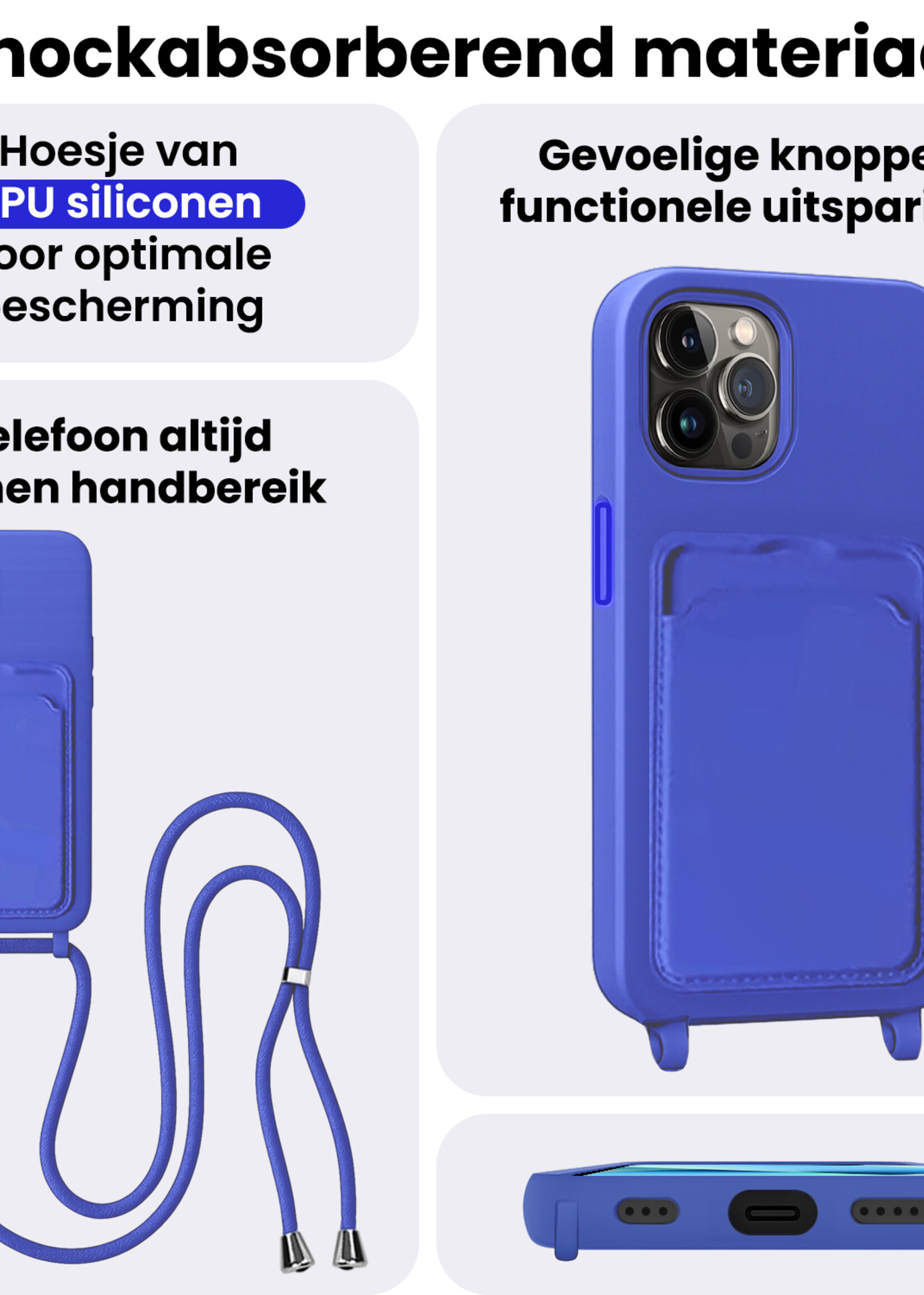 BTH BTH iPhone 13 Pro Hoesje Pashouder met Koord Met Screenprotector - Fel Blauw