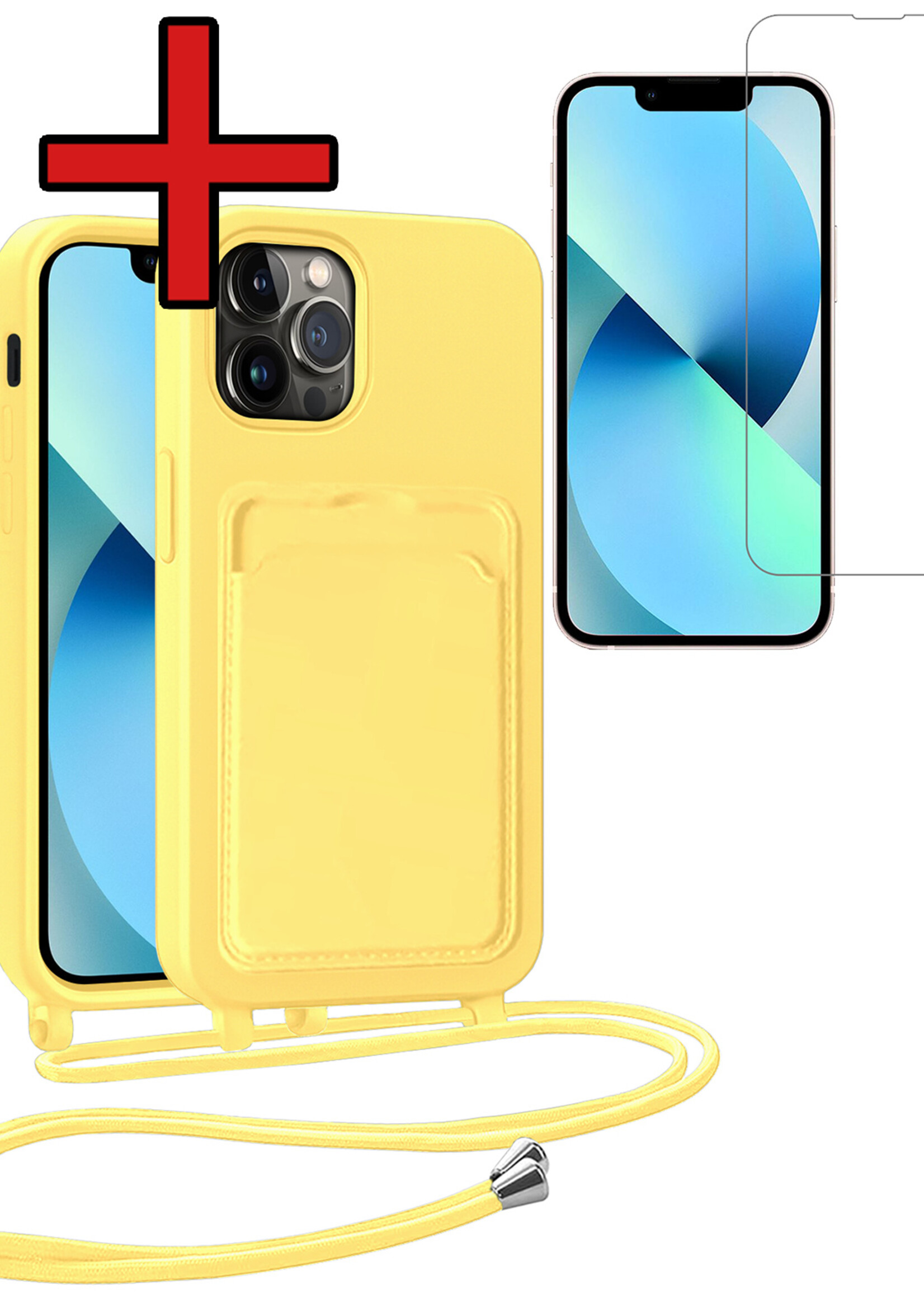 BTH BTH iPhone 13 Pro Hoesje Pashouder met Koord Met Screenprotector - Geel