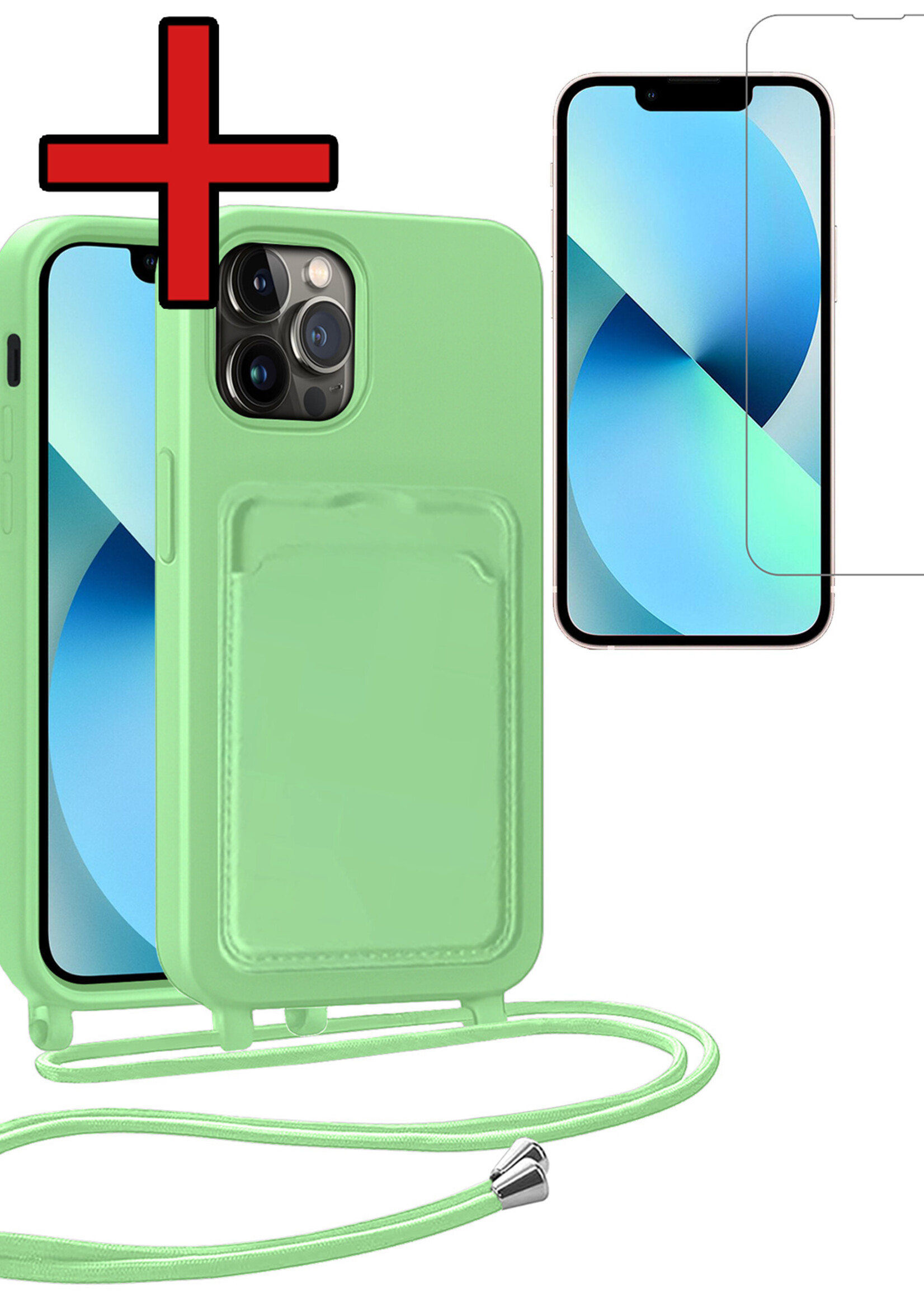 BTH BTH iPhone 13 Pro Hoesje Pashouder met Koord Met Screenprotector - Groen