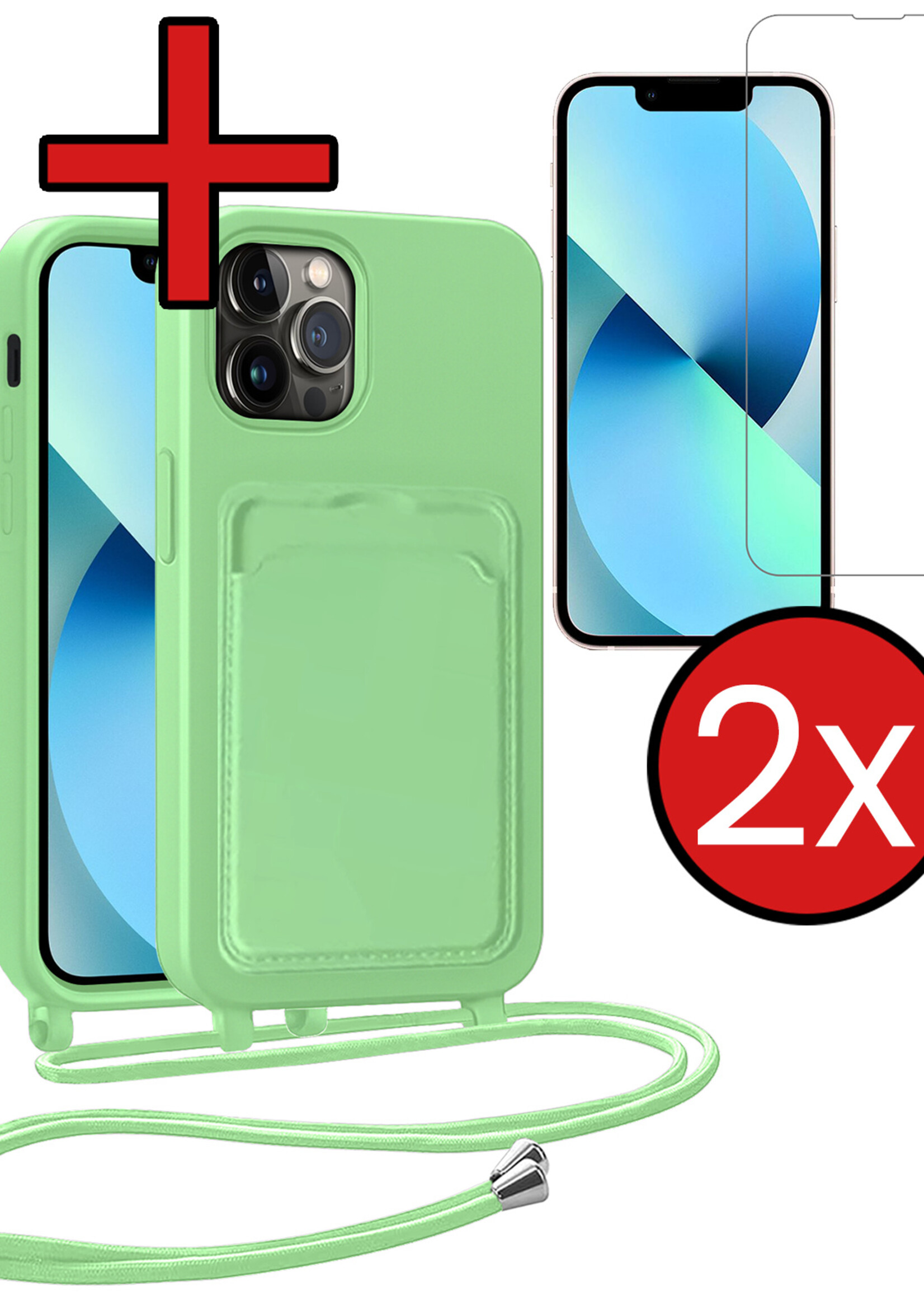 BTH BTH iPhone 13 Pro Hoesje Pashouder met Koord Met 2x Screenprotector - Groen