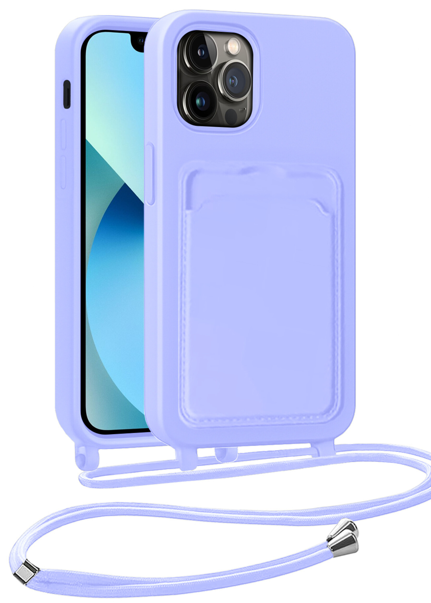 BTH BTH iPhone 13 Pro Hoesje Pashouder met Koord - Lila