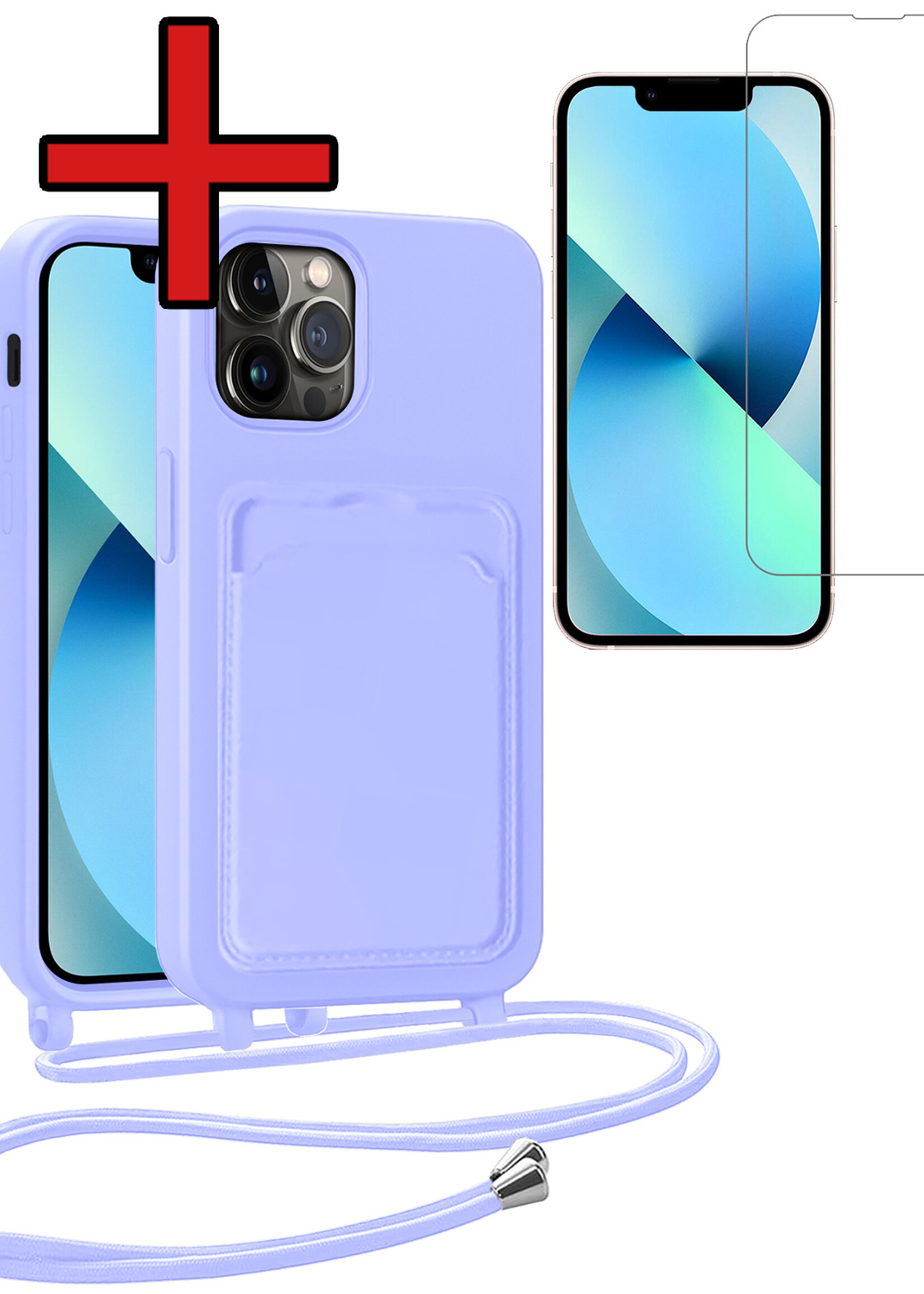 BTH BTH iPhone 13 Pro Hoesje Pashouder met Koord Met Screenprotector - Lila