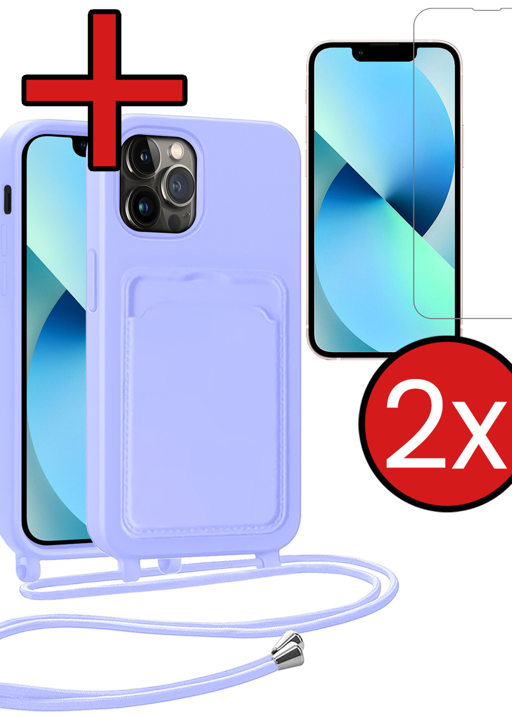 BTH BTH iPhone 13 Pro Hoesje Pashouder met Koord Met 2x Screenprotector - Lila