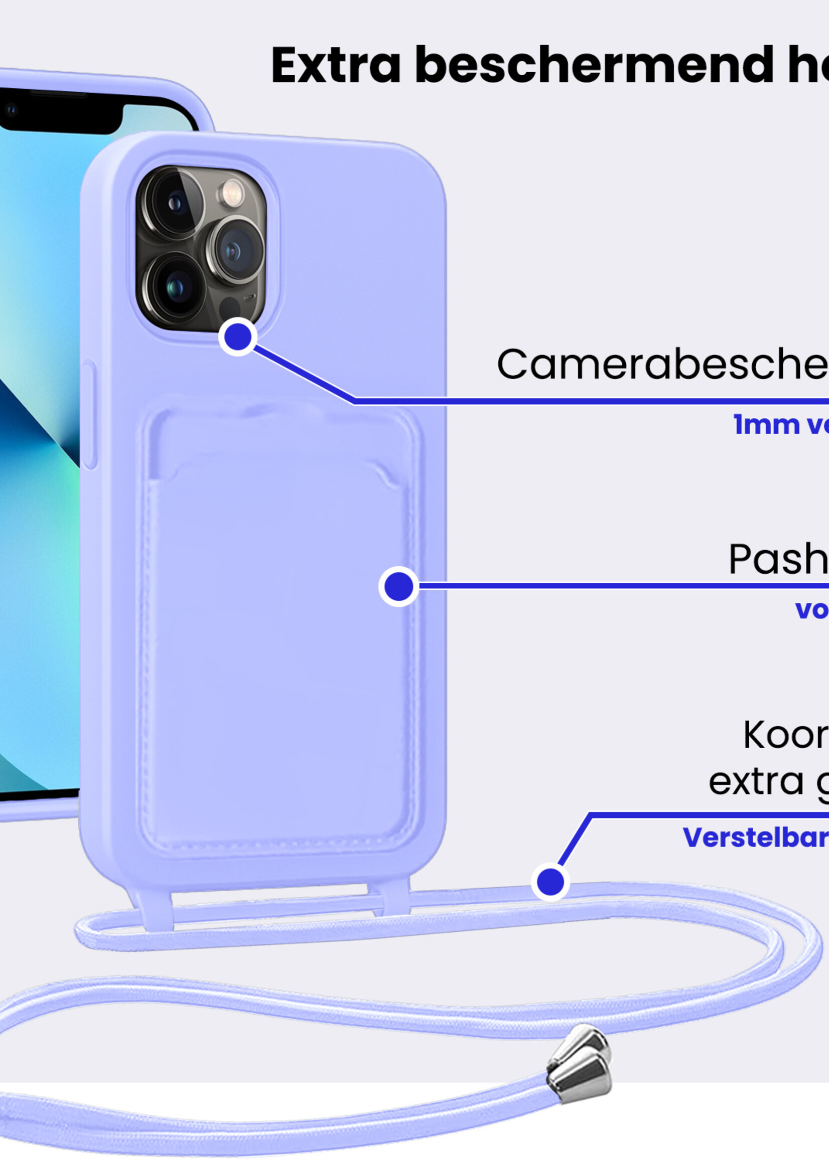 BTH BTH iPhone 13 Pro Hoesje Pashouder met Koord Met 2x Screenprotector - Lila