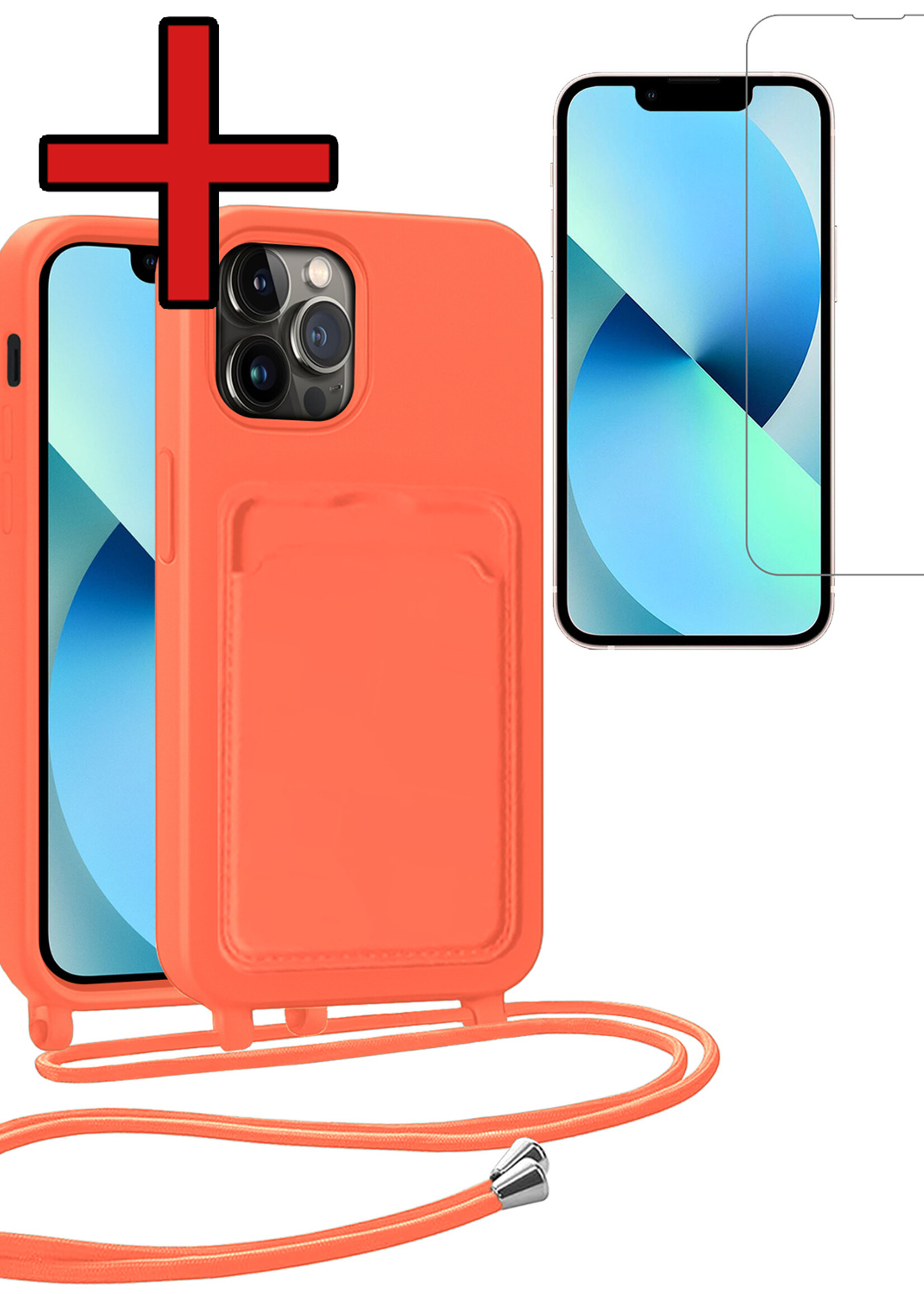 BTH BTH iPhone 13 Pro Hoesje Pashouder met Koord Met Screenprotector - Papaya