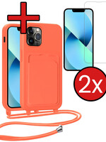 BTH BTH iPhone 13 Pro Hoesje Pashouder met Koord Met 2x Screenprotector - Papaya