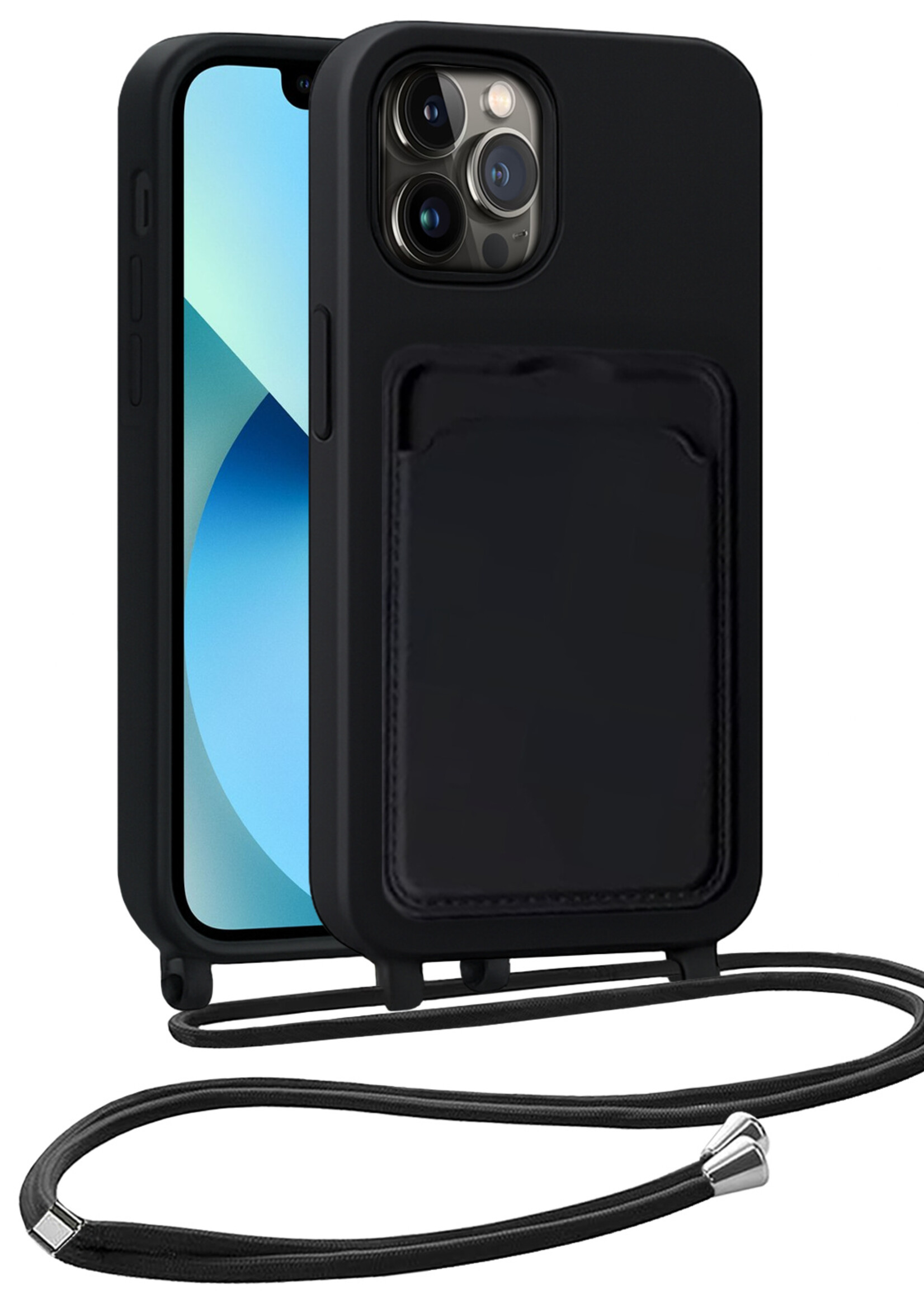 BTH BTH iPhone 13 Pro Hoesje Pashouder met Koord - Zwart