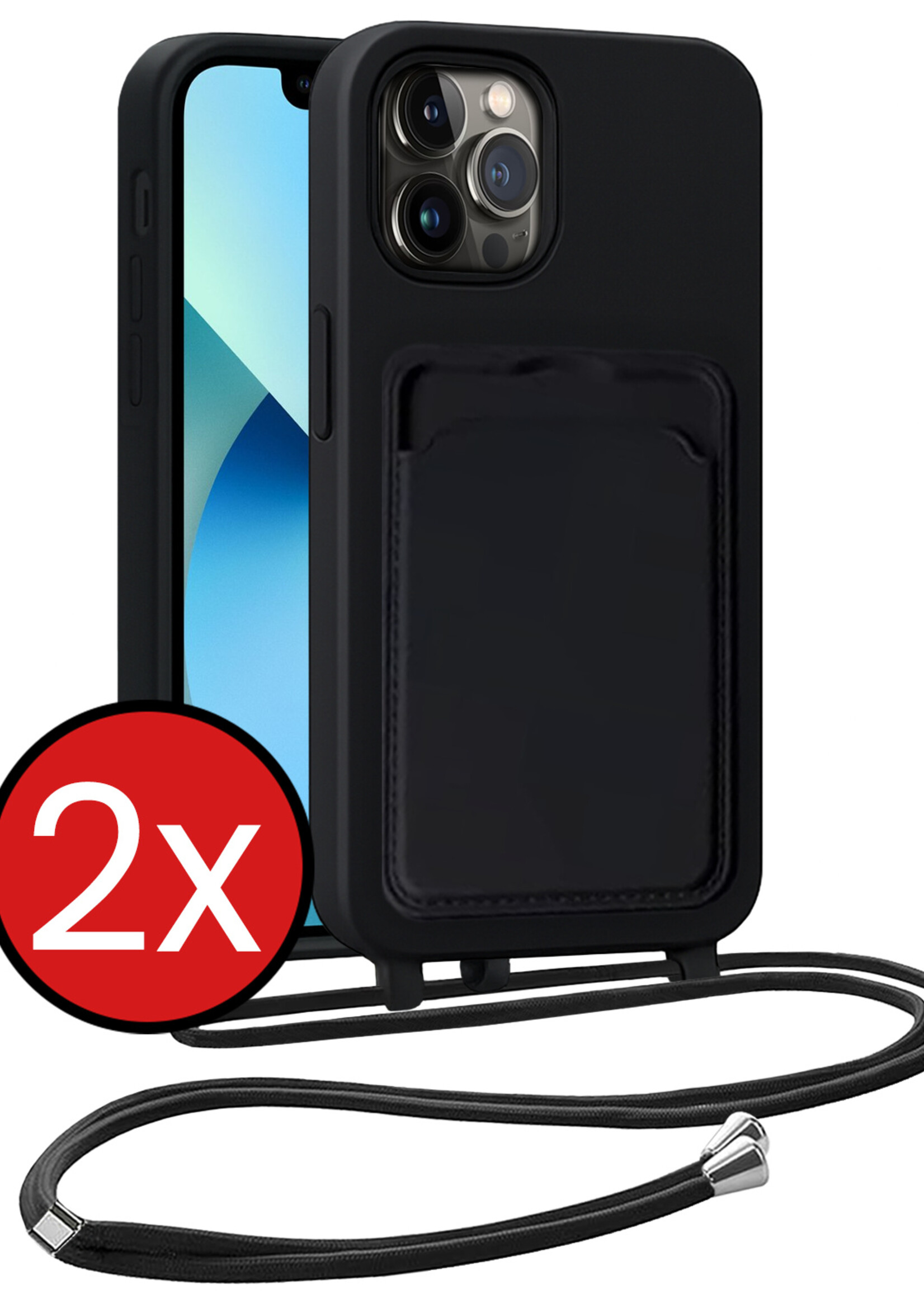 BTH BTH iPhone 13 Pro Hoesje Pashouder met Koord - Zwart - 2 PACK