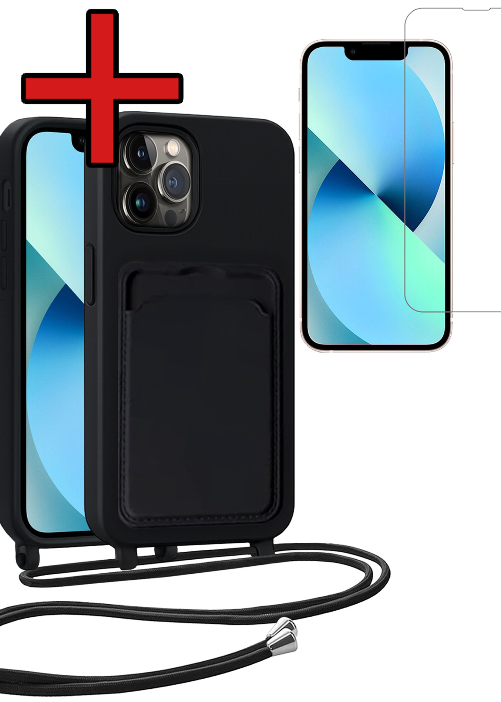 BTH BTH iPhone 13 Pro Hoesje Pashouder met Koord Met Screenprotector - Zwart