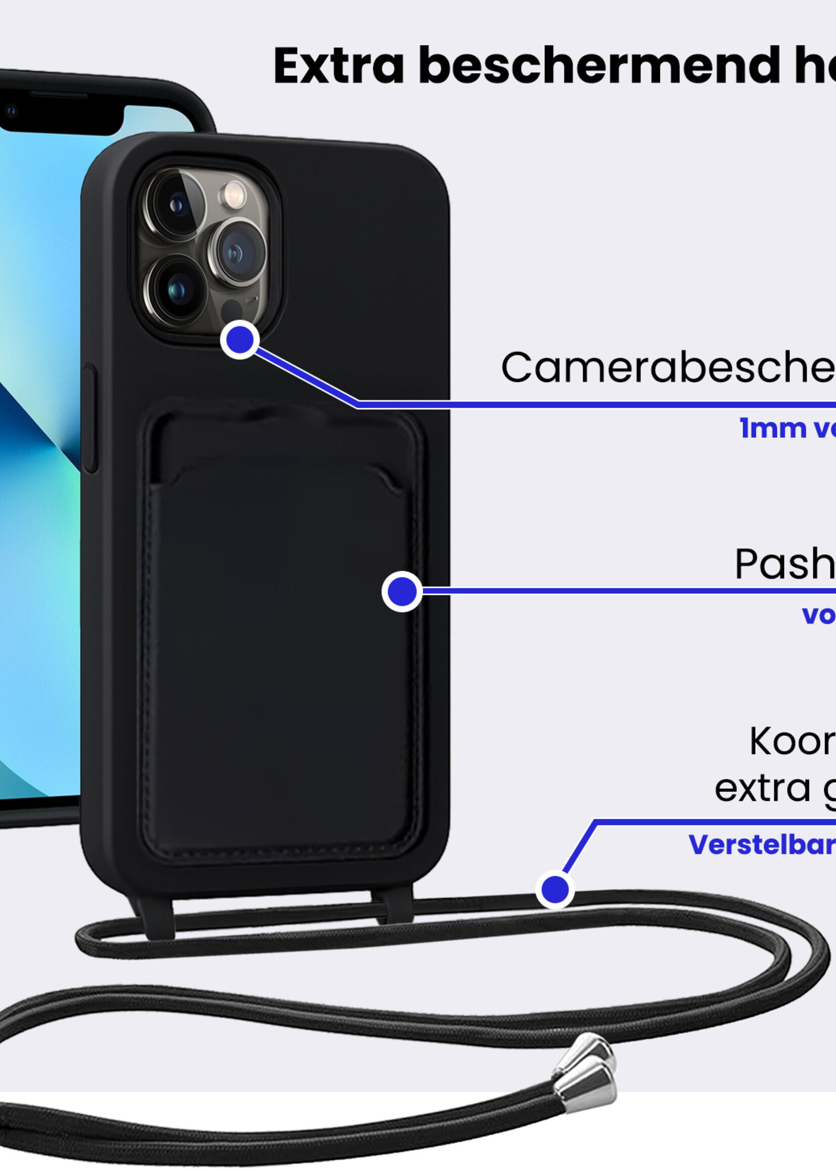 BTH BTH iPhone 13 Pro Hoesje Pashouder met Koord Met Screenprotector - Zwart