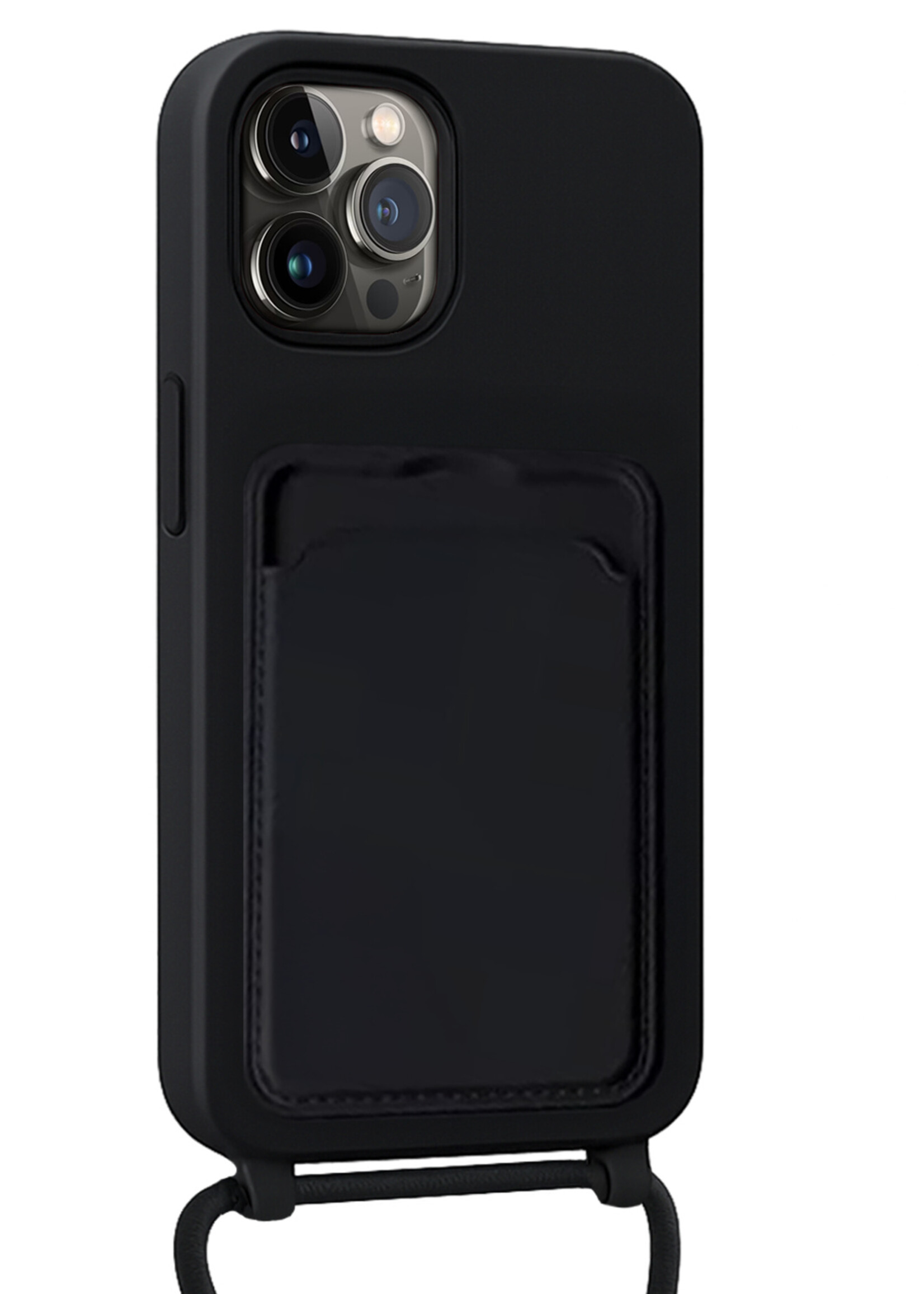 BTH BTH iPhone 13 Pro Hoesje Pashouder met Koord Met Screenprotector - Zwart