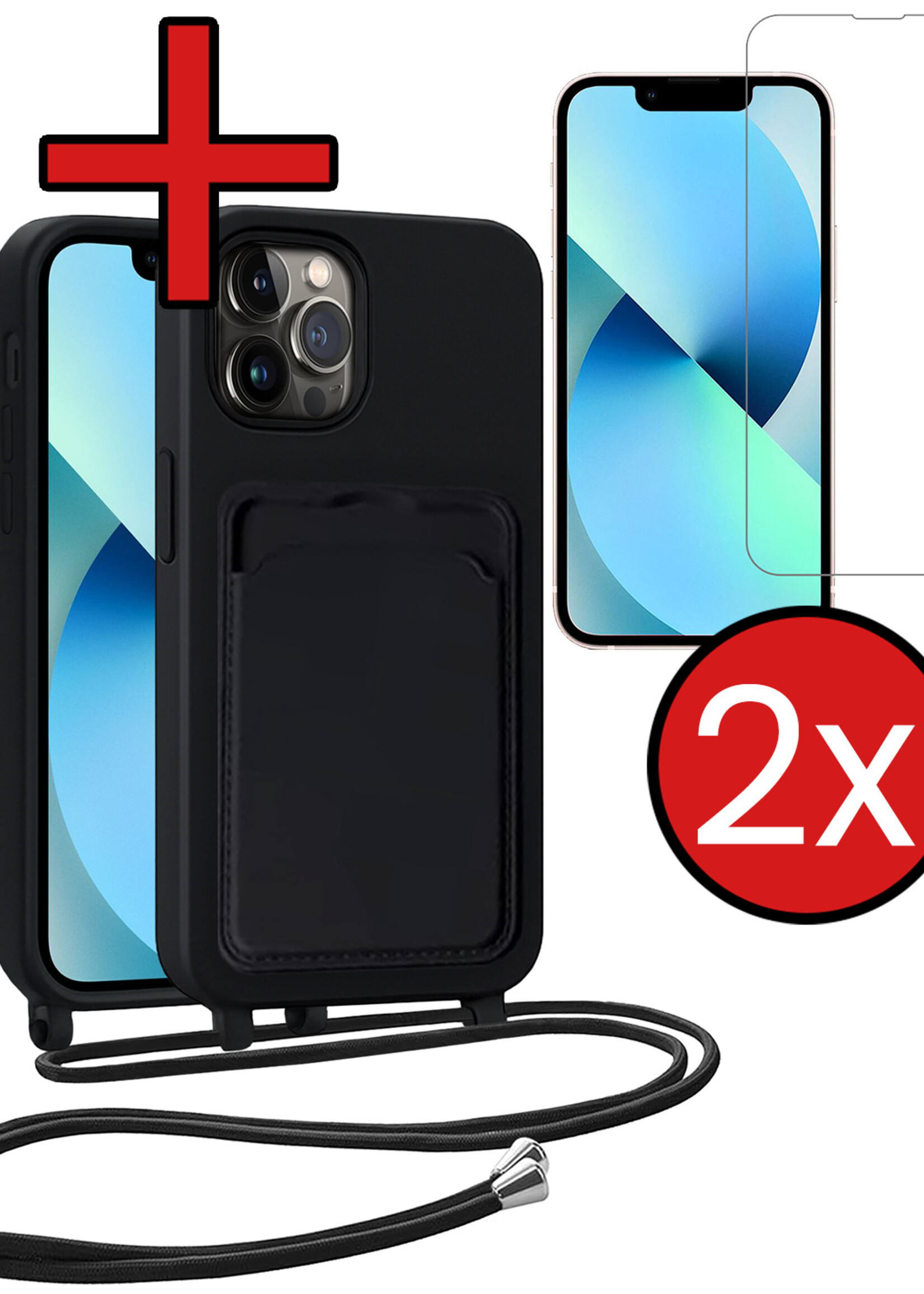 BTH BTH iPhone 13 Pro Hoesje Pashouder met Koord Met 2x Screenprotector - Zwart