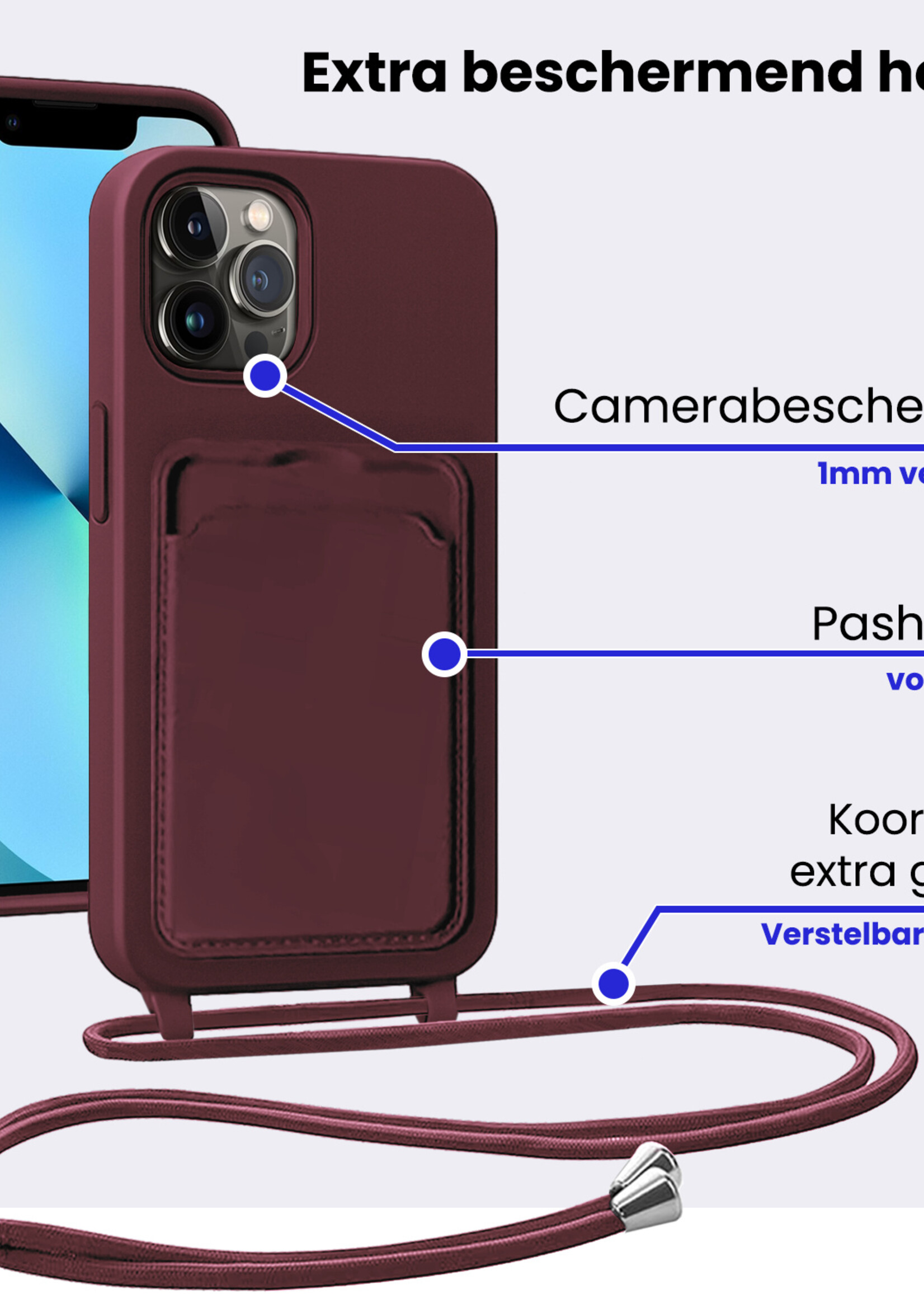 BTH BTH iPhone 13 Pro Max Hoesje Pashouder met Koord - Aubergine