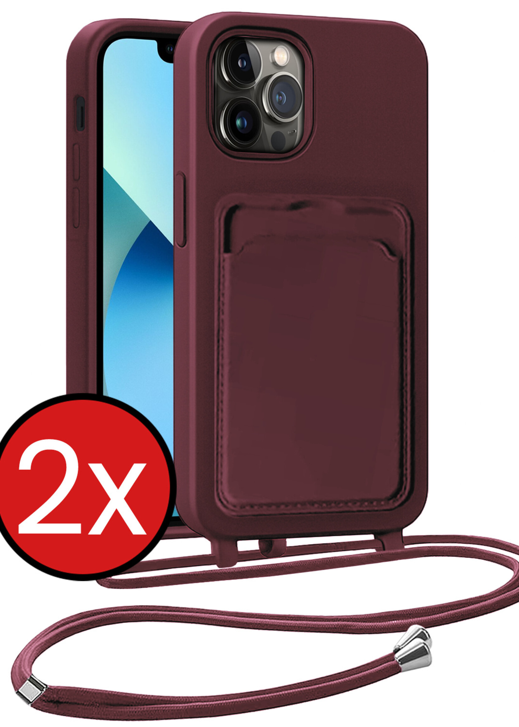 BTH BTH iPhone 13 Pro Max Hoesje Pashouder met Koord - Aubergine - 2 PACK