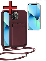 BTH BTH iPhone 13 Pro Max Hoesje Pashouder met Koord Met Screenprotector - Aubergine