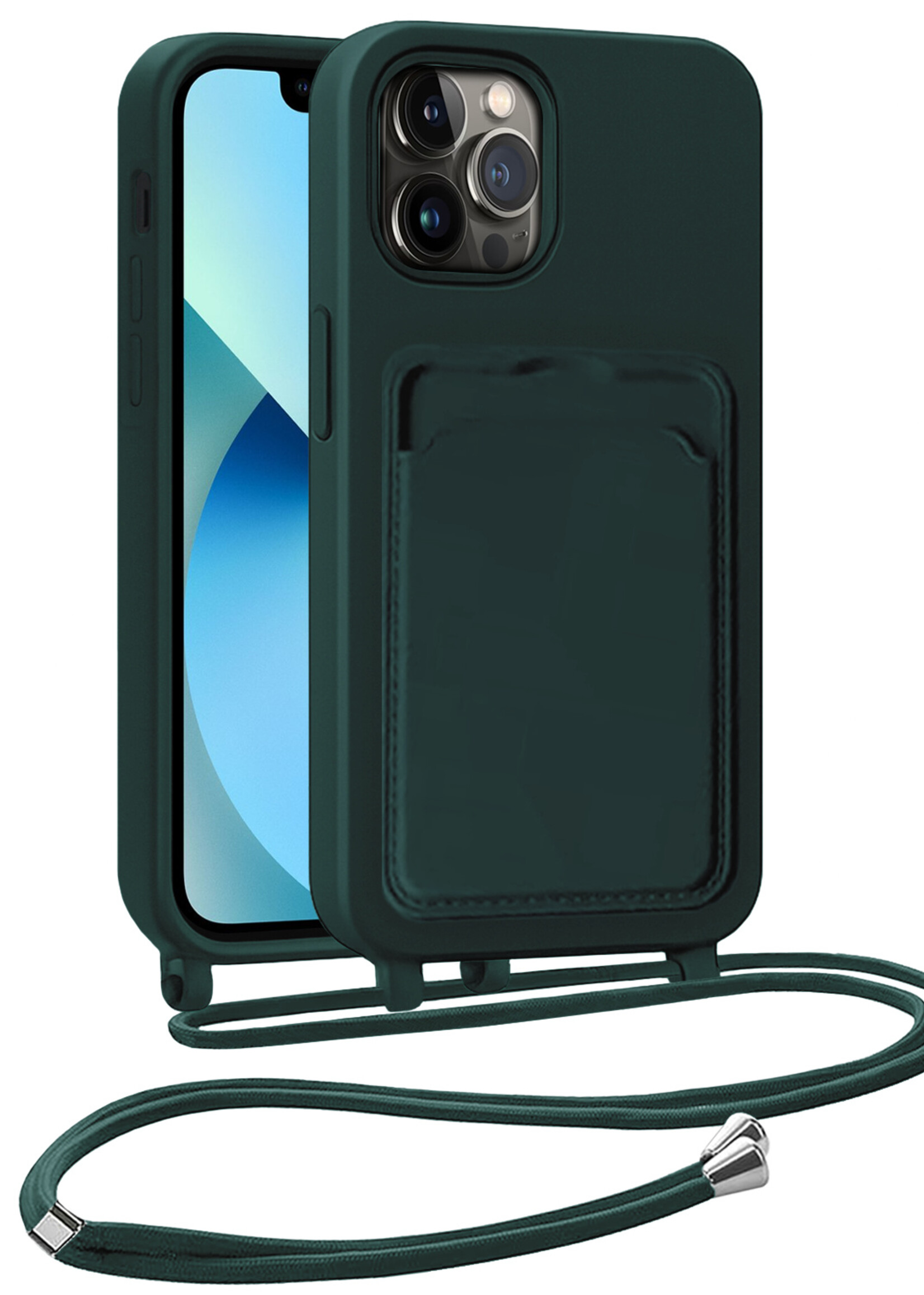 BTH BTH iPhone 13 Pro Max Hoesje Pashouder met Koord - Donkergroen