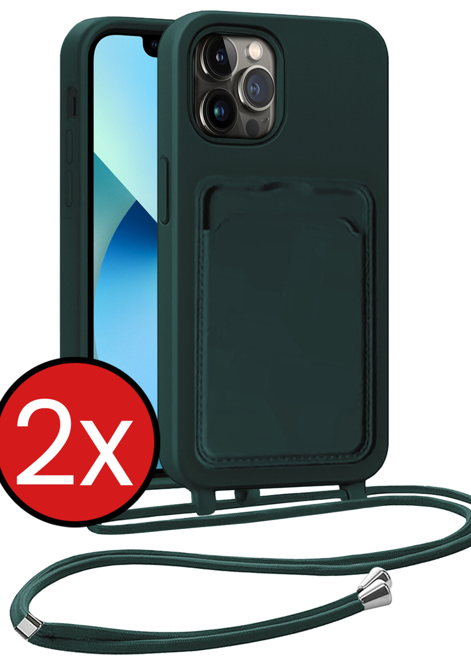 BTH BTH iPhone 13 Pro Max Hoesje Pashouder met Koord - Donkergroen - 2 PACK