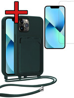 BTH BTH iPhone 13 Pro Max Hoesje Pashouder met Koord Met Screenprotector - Donkergroen