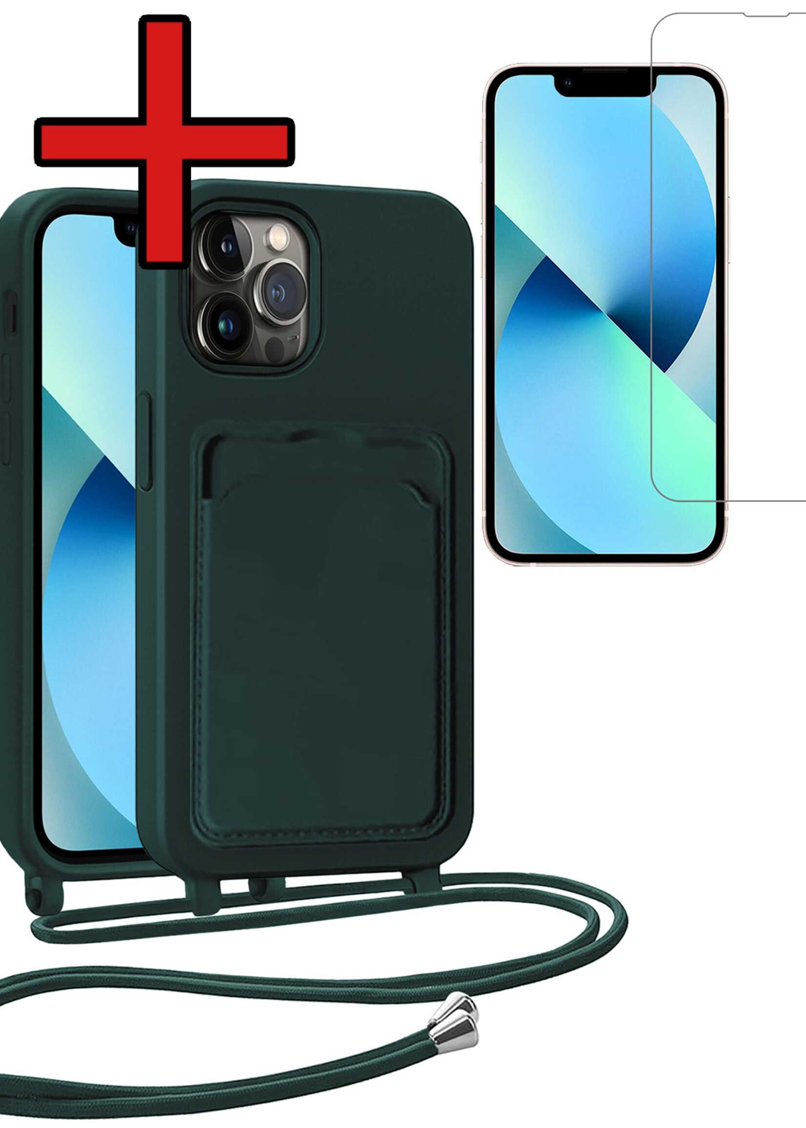 BTH BTH iPhone 13 Pro Max Hoesje Pashouder met Koord Met Screenprotector - Donkergroen