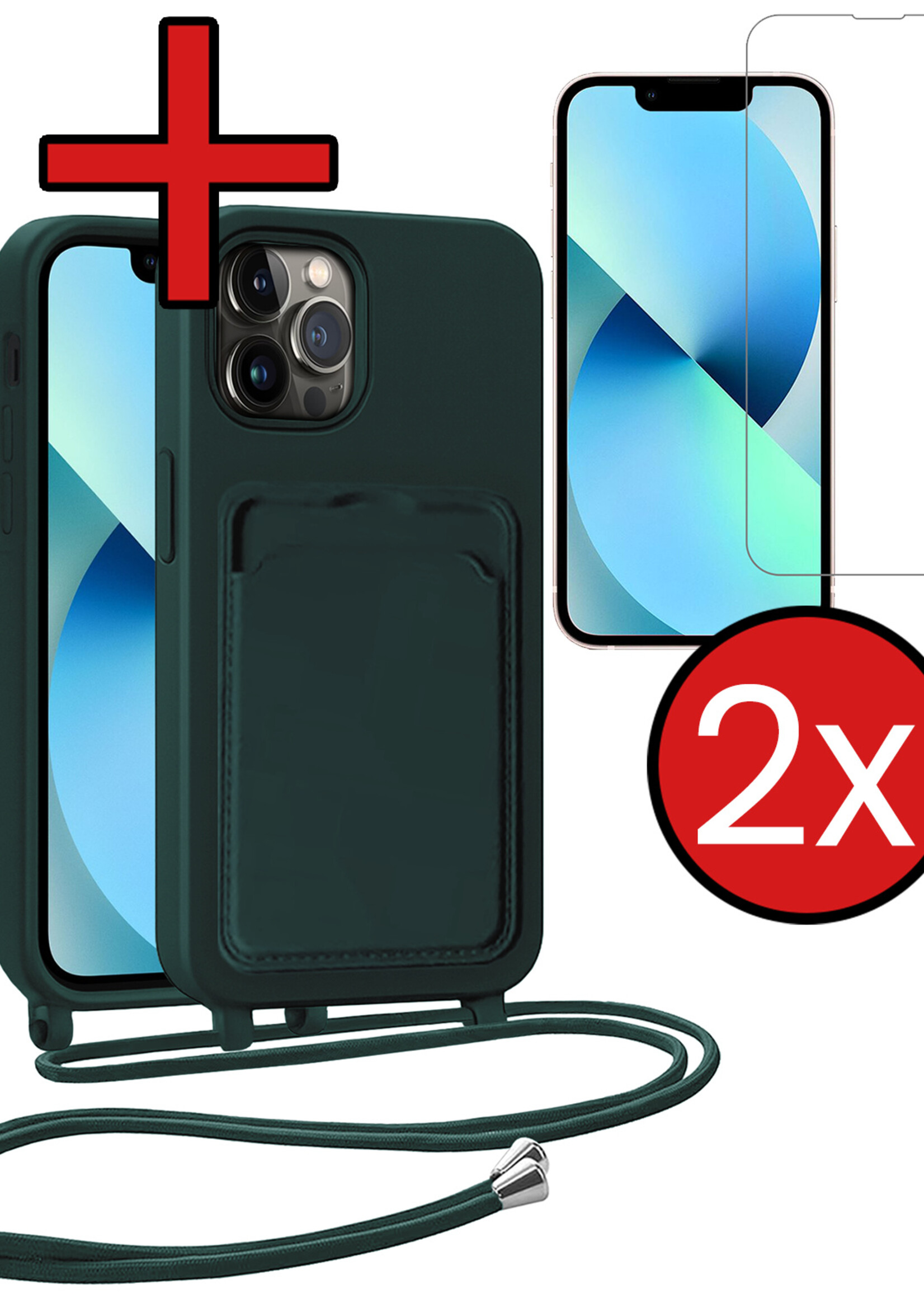 BTH BTH iPhone 13 Pro Max Hoesje Pashouder met Koord Met 2x Screenprotector - Donkergroen