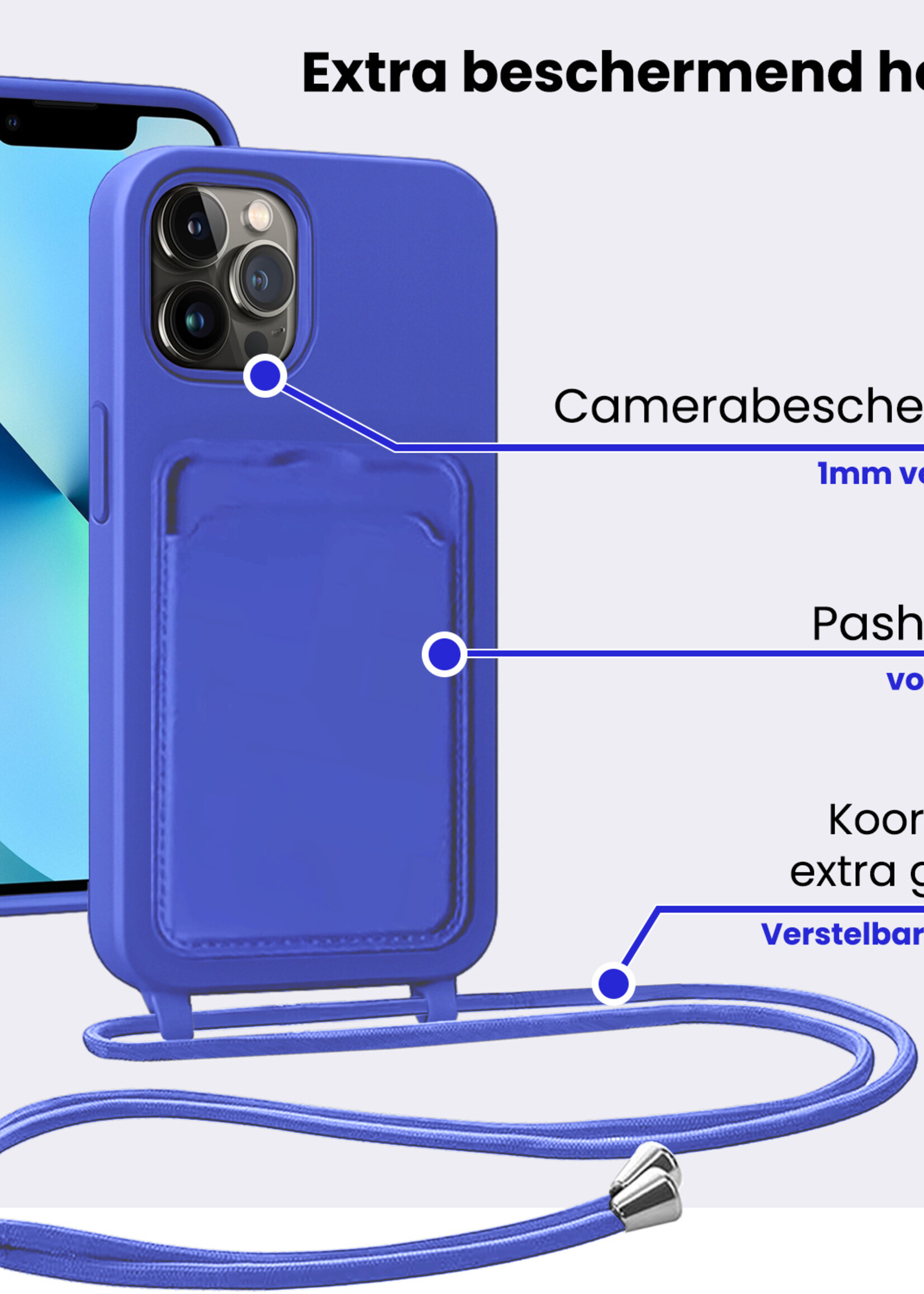 BTH BTH iPhone 13 Pro Max Hoesje Pashouder met Koord - Fel Blauw - 2 PACK