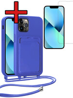 BTH BTH iPhone 13 Pro Max Hoesje Pashouder met Koord Met Screenprotector - Fel Blauw