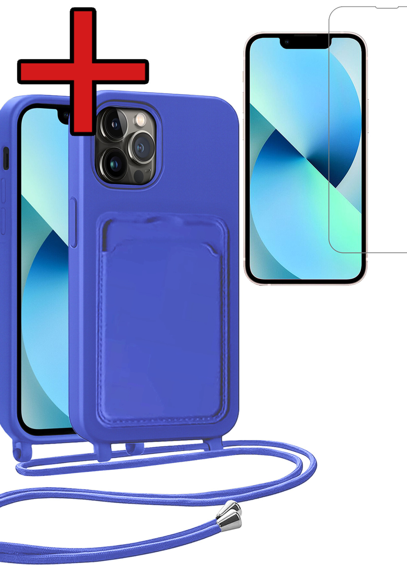 BTH BTH iPhone 13 Pro Max Hoesje Pashouder met Koord Met Screenprotector - Fel Blauw