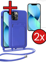 BTH BTH iPhone 13 Pro Max Hoesje Pashouder met Koord Met 2x Screenprotector - Fel Blauw